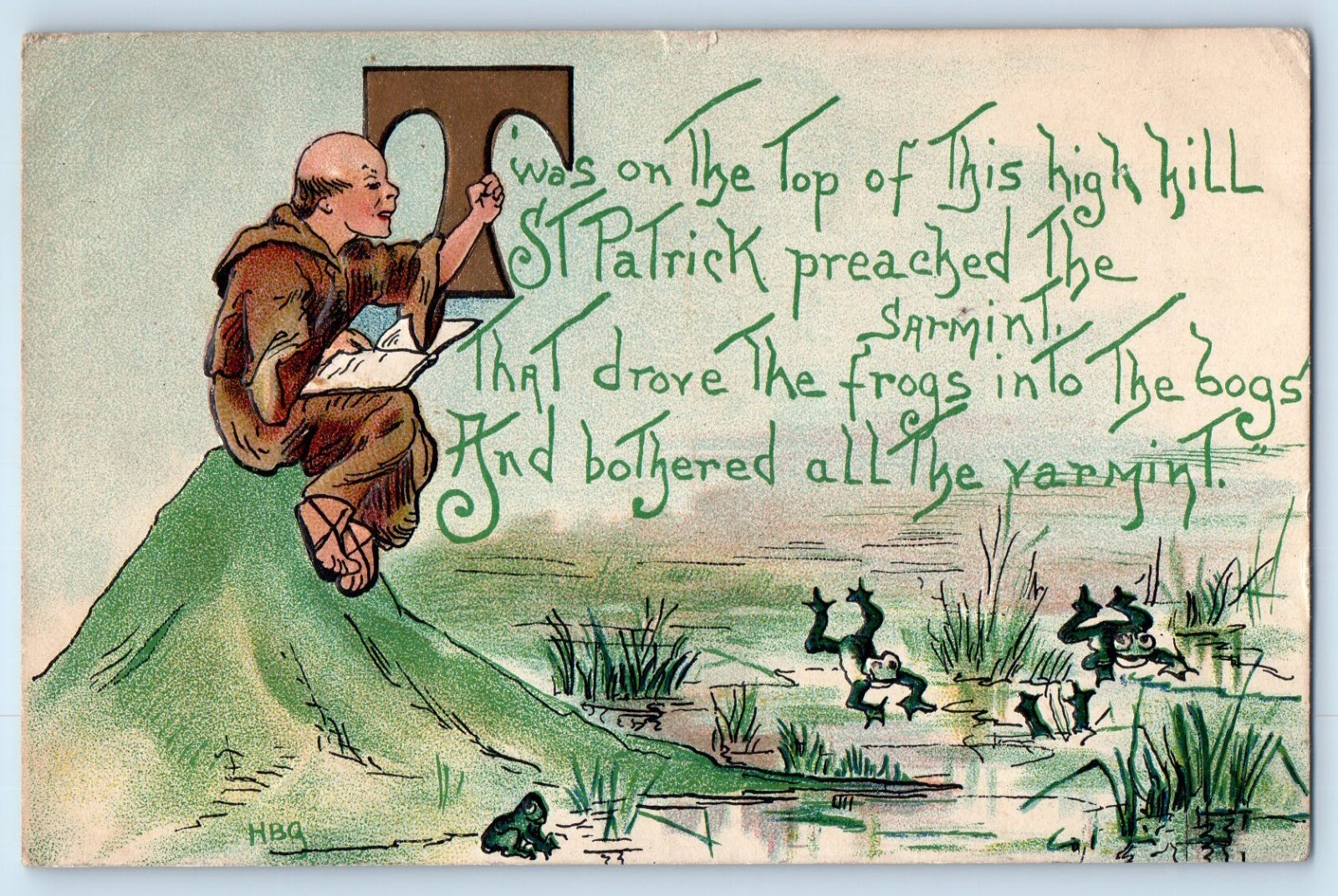 c1910's St. Patrick's Day Old Man On Top Of Hill Frogs HGB Signed Postcard c1910's St. Patrick's Day Old Man On Top Of Hill Frogs HGB Signed Postcard