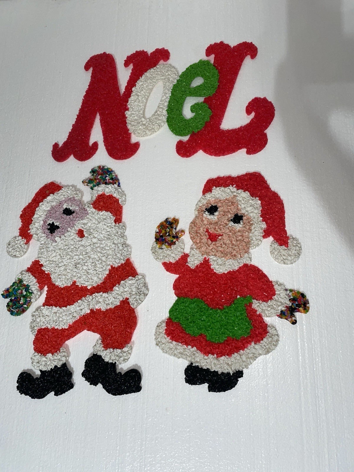 Vtg Set Of 3 NOEL , Santa & Mrs Santa Melted Plastic Popcorn Xmas Decor Vtg Set Of 3 NOEL , Santa & Mrs Santa Melted Plastic Popcorn Xmas Decor
