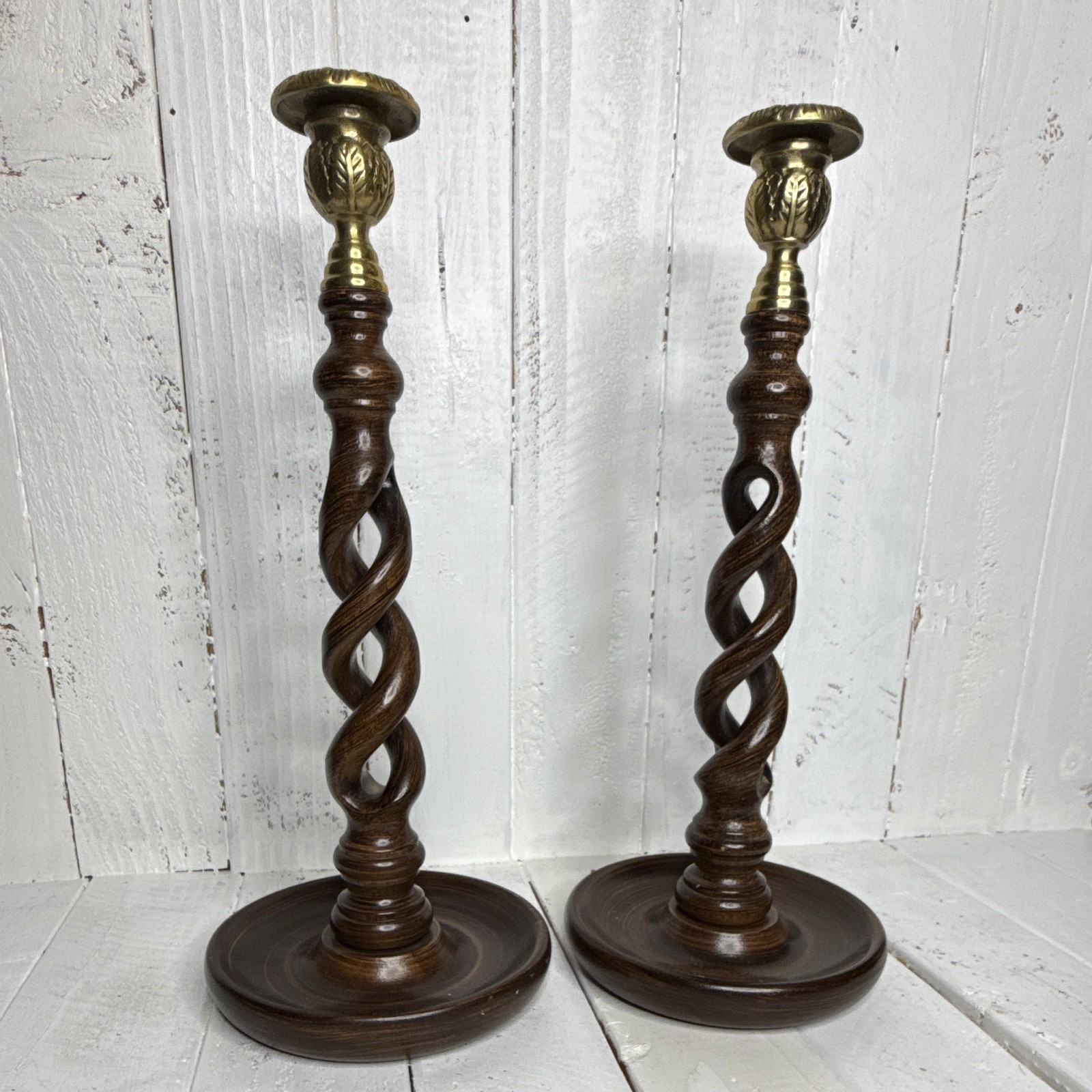 Vintage Pair Barley Twist Wood Brass Candlesticks Openwork Candle Holders