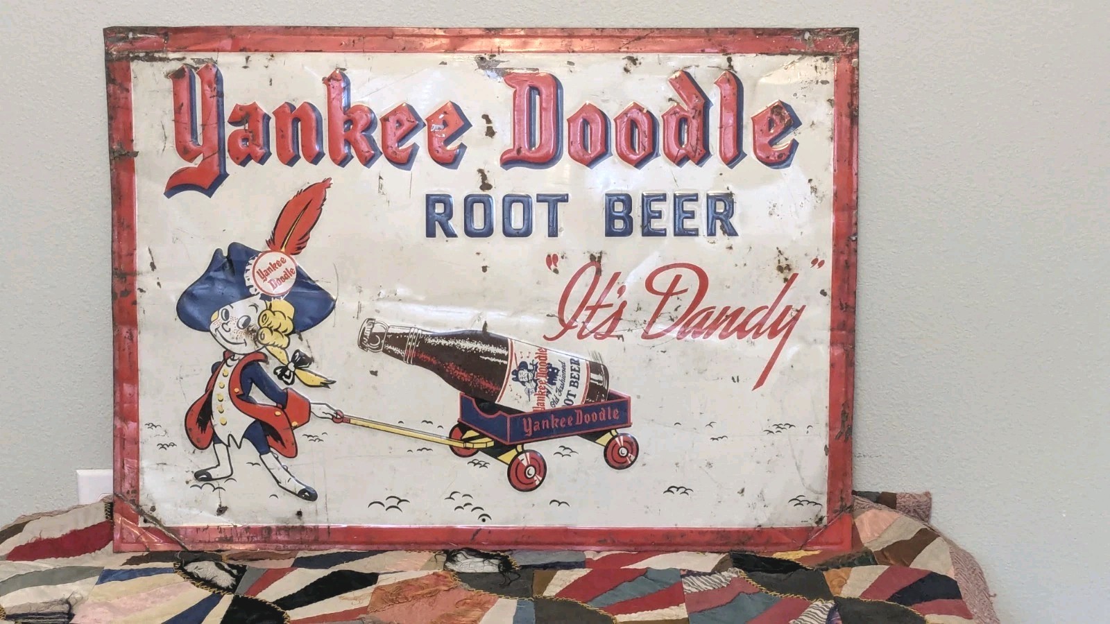RARE VINTAGE YANKEE DOODLE ROOT BEER PATRIOTIC ADVERTISING METAL SIGN  19"X27"