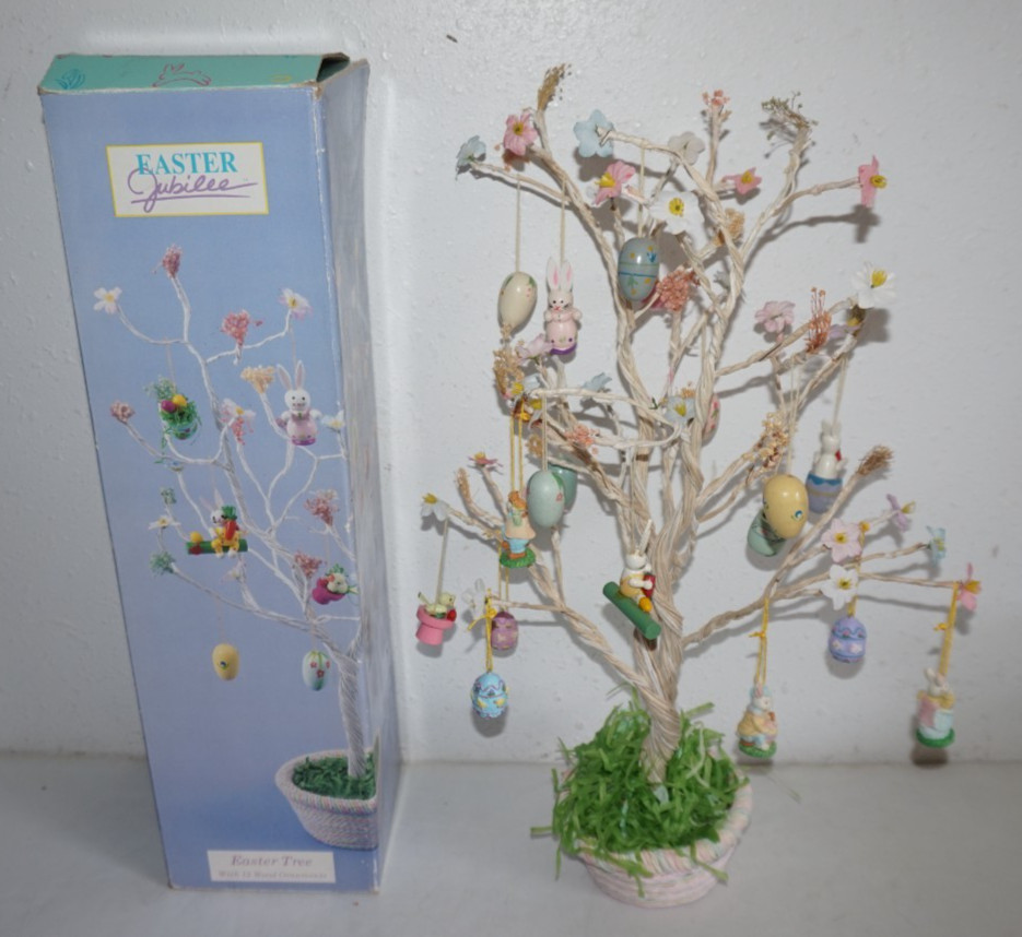 VTG Easter Jubilee 18" Tabletop Tree Decoration with 12 Wood Ornaments +6 Bonus VTG Easter Jubilee 18" Tabletop Tree Decoration with 12 Wood Ornaments +6 Bonus