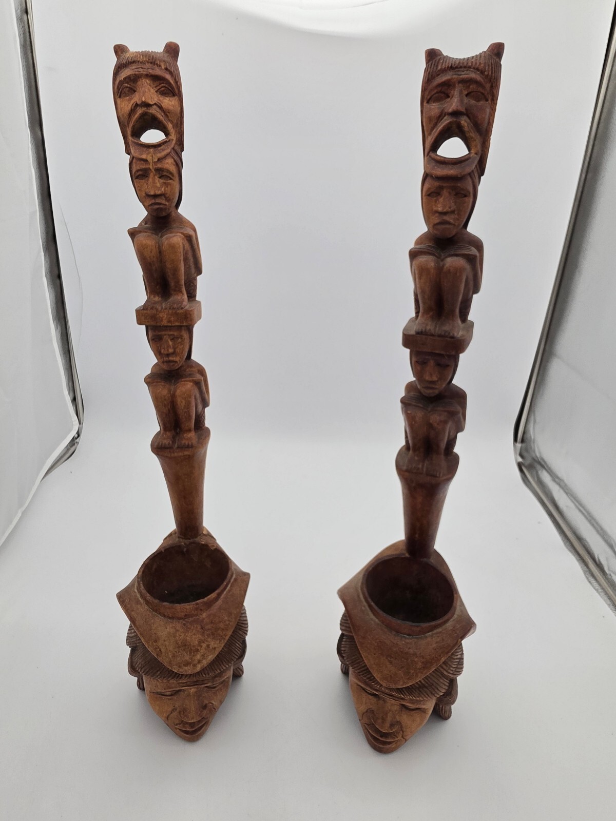 Vintage Pair Hand Carved Wood Figural Pipes African Tribal Style Folk Art 27" Vintage Pair Hand Carved Wood Figural Pipes African Tribal Style Folk Art 27"