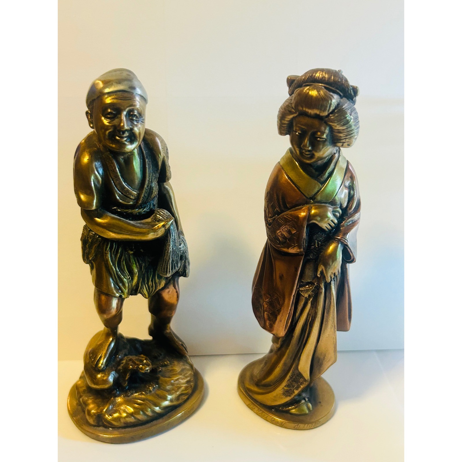 Vintage Japanese Bronze Tone Set Villager + Woman Kimono Statues De Cher 1981 Vintage Japanese Bronze Tone Set Villager + Woman Kimono Statues De Cher 1981