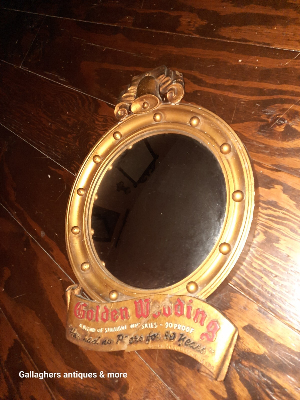 Vintage golden wedding whiskey advertisement convex Bullseye mirror needs work Vintage golden wedding whiskey advertisement convex Bullseye mirror needs work