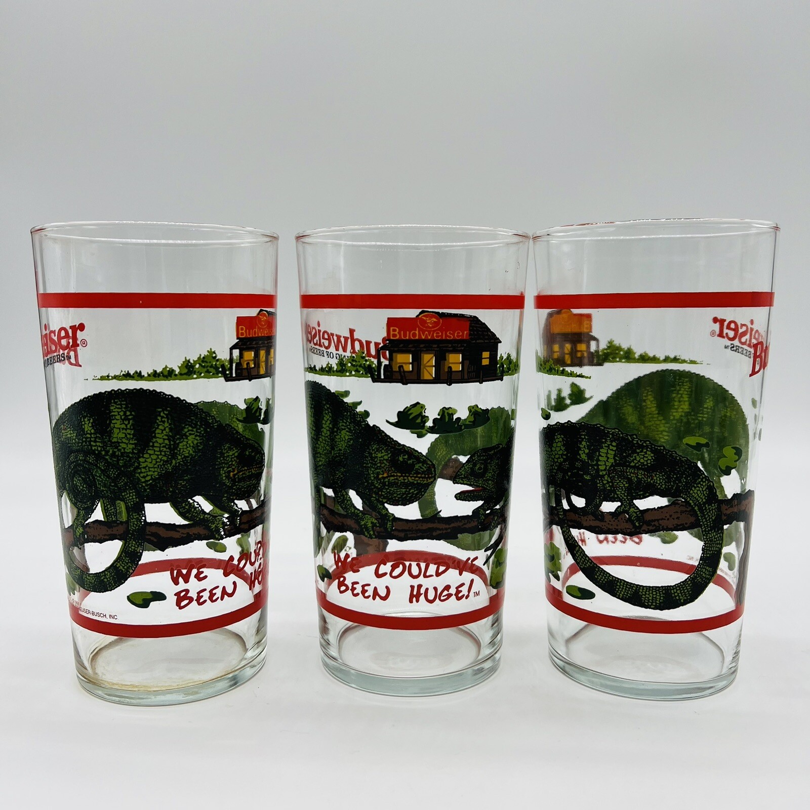 VTG BUDWEISER "We Could Have Been Huge" Lizards Chameleons 3x 16oz Glasses 1997 VTG BUDWEISER "We Could Have Been Huge" Lizards Chameleons 3x 16oz Glasses 1997