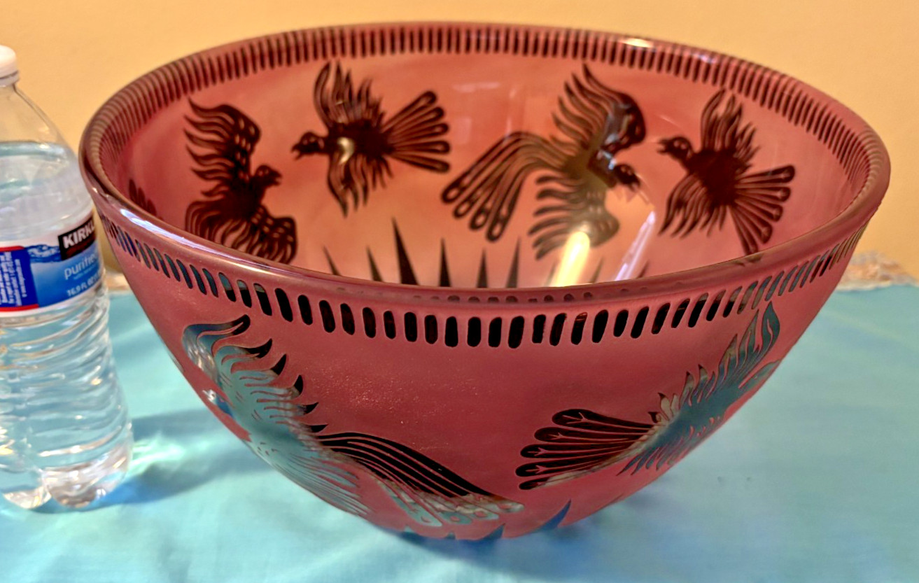 Fellerman & Raabe Cameo Art Glass 13" Phoenix Bird Rose Wine Bowl Signed Fellerman & Raabe Cameo Art Glass 13" Phoenix Bird Rose Wine Bowl Signed