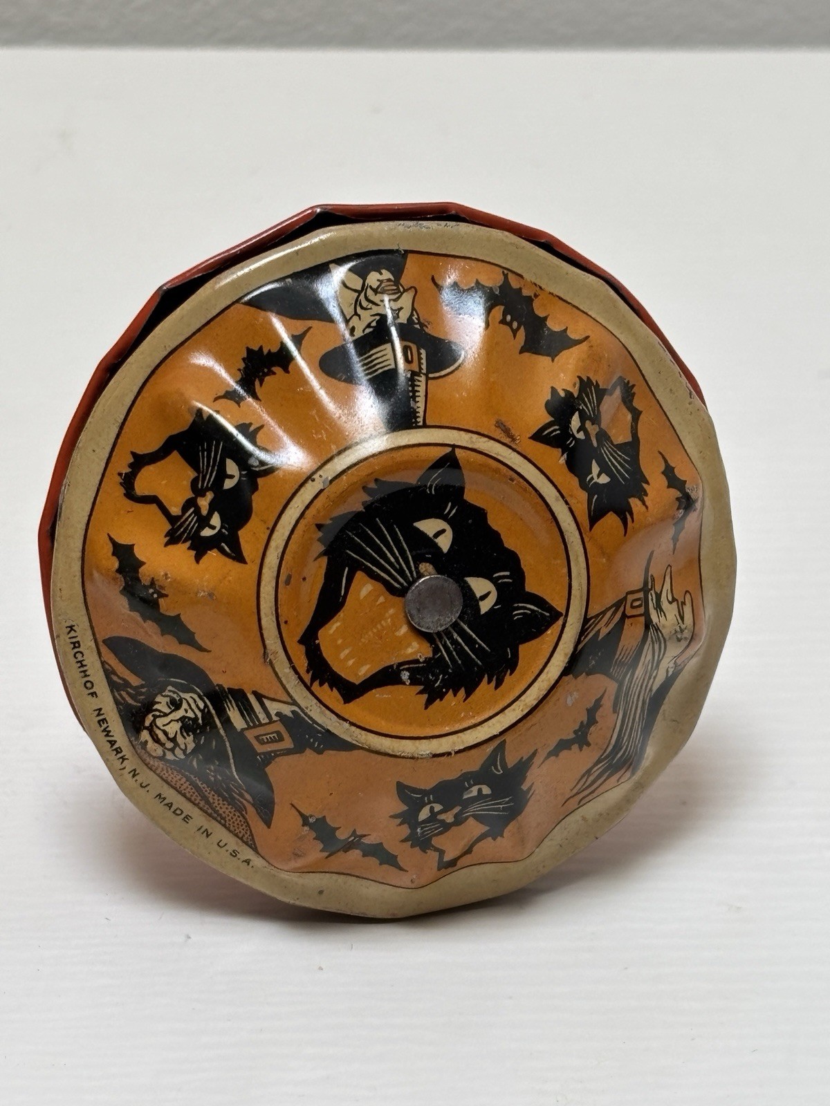 Vintage 1940s Kirchhoff Halloween Tin Litho Rattle Noisemaker Cat Witch Vintage 1940s Kirchhoff Halloween Tin Litho Rattle Noisemaker Cat Witch