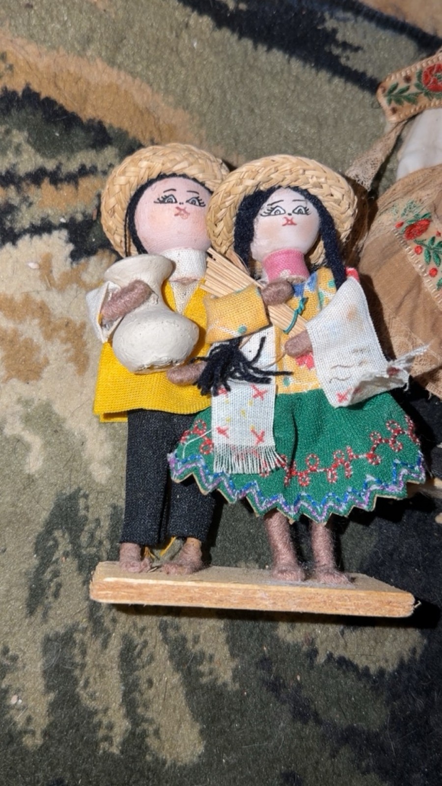 Vintage Folk Art Cloth Peasant Couple Straw Hats Jug Handmade on Wood Base