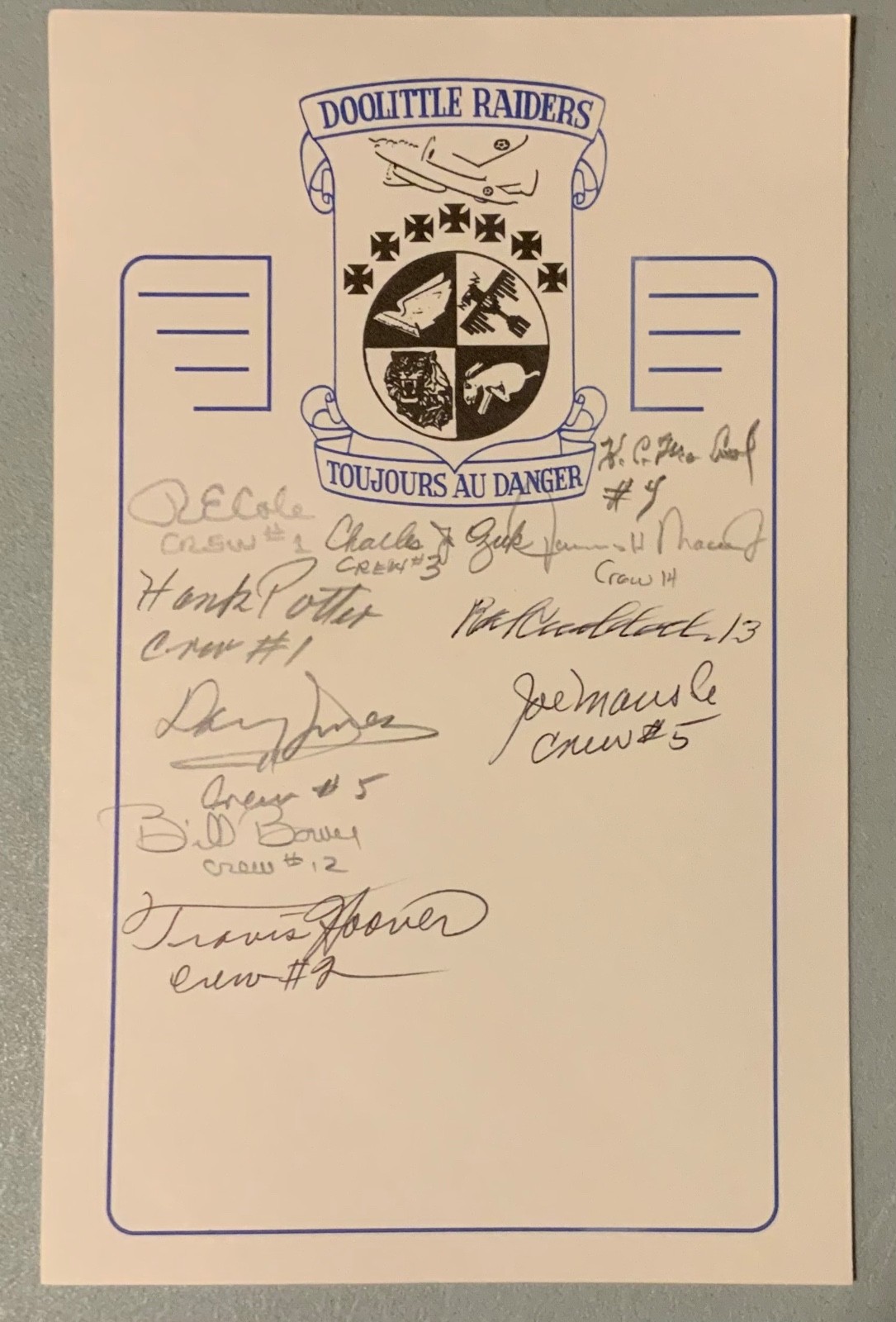 Doolittle Raiders Crew (10) Signed Book Plate Cole Potter Knobloch COUPLE LEFT