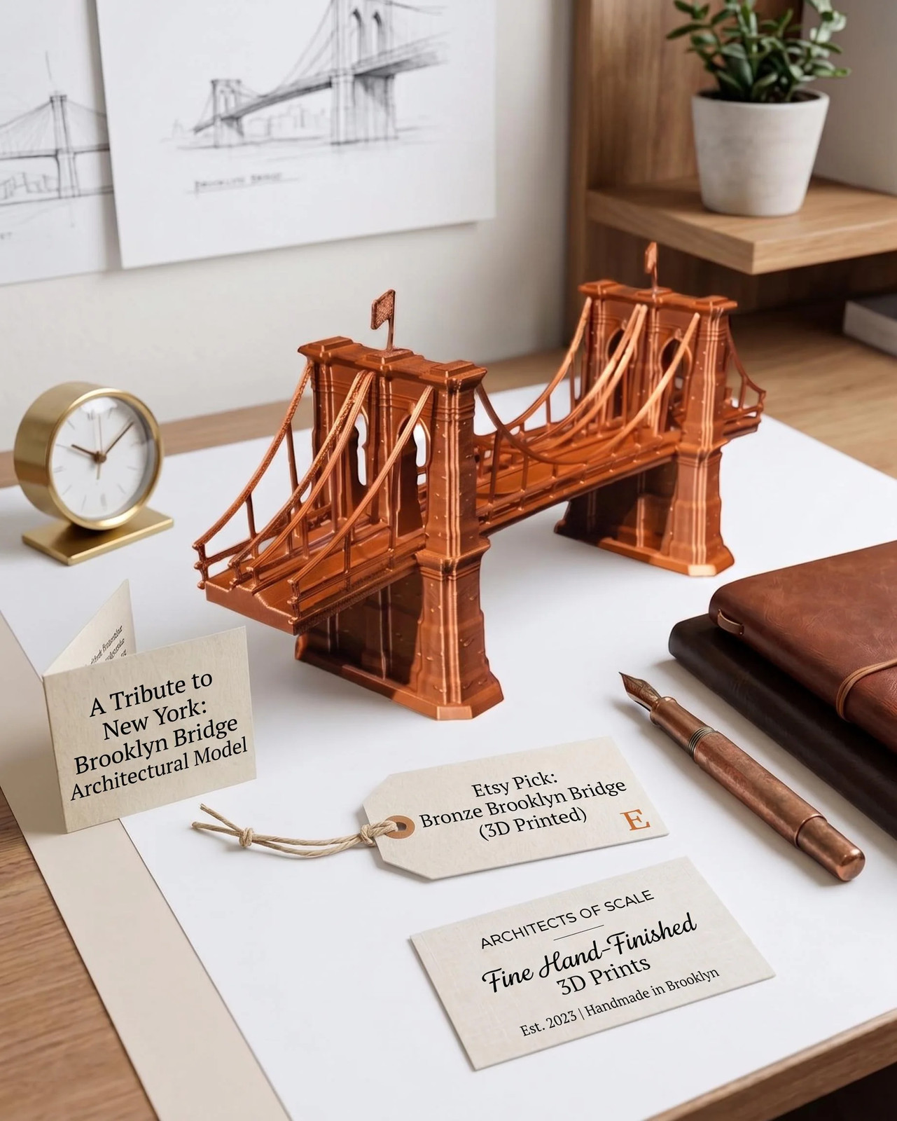 Hand-Finished 3D Printed Brooklyn Bridge Model, Metallic Bronze NYC Landmark Re Hand-Finished 3D Printed Brooklyn Bridge Model, Metallic Bronze NYC Landmark Re