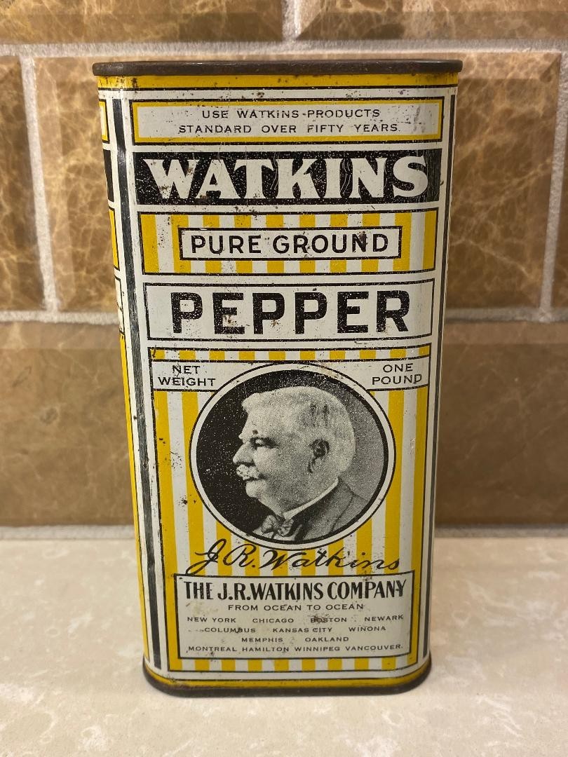 ANTIQUE WATKINS PURE GROUND PEPPER METAL TIN 1 LB. SIZE NICE PAINT ANTIQUE WATKINS PURE GROUND PEPPER METAL TIN 1 LB. SIZE NICE PAINT