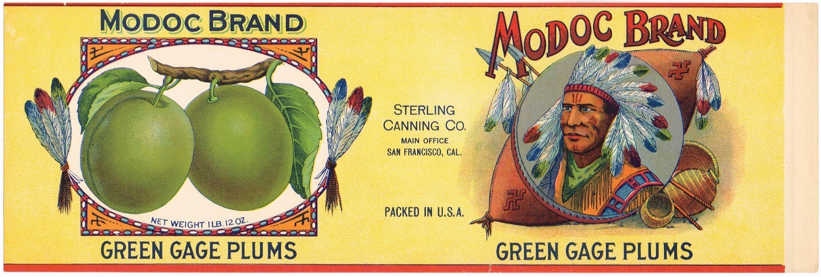 ORIGINAL C1910S VINTAGE TIN CAN LABEL MODOC GREEN PLUM NATIVE AMERICAN INDIAN B ORIGINAL C1910S VINTAGE TIN CAN LABEL MODOC GREEN PLUM NATIVE AMERICAN INDIAN B