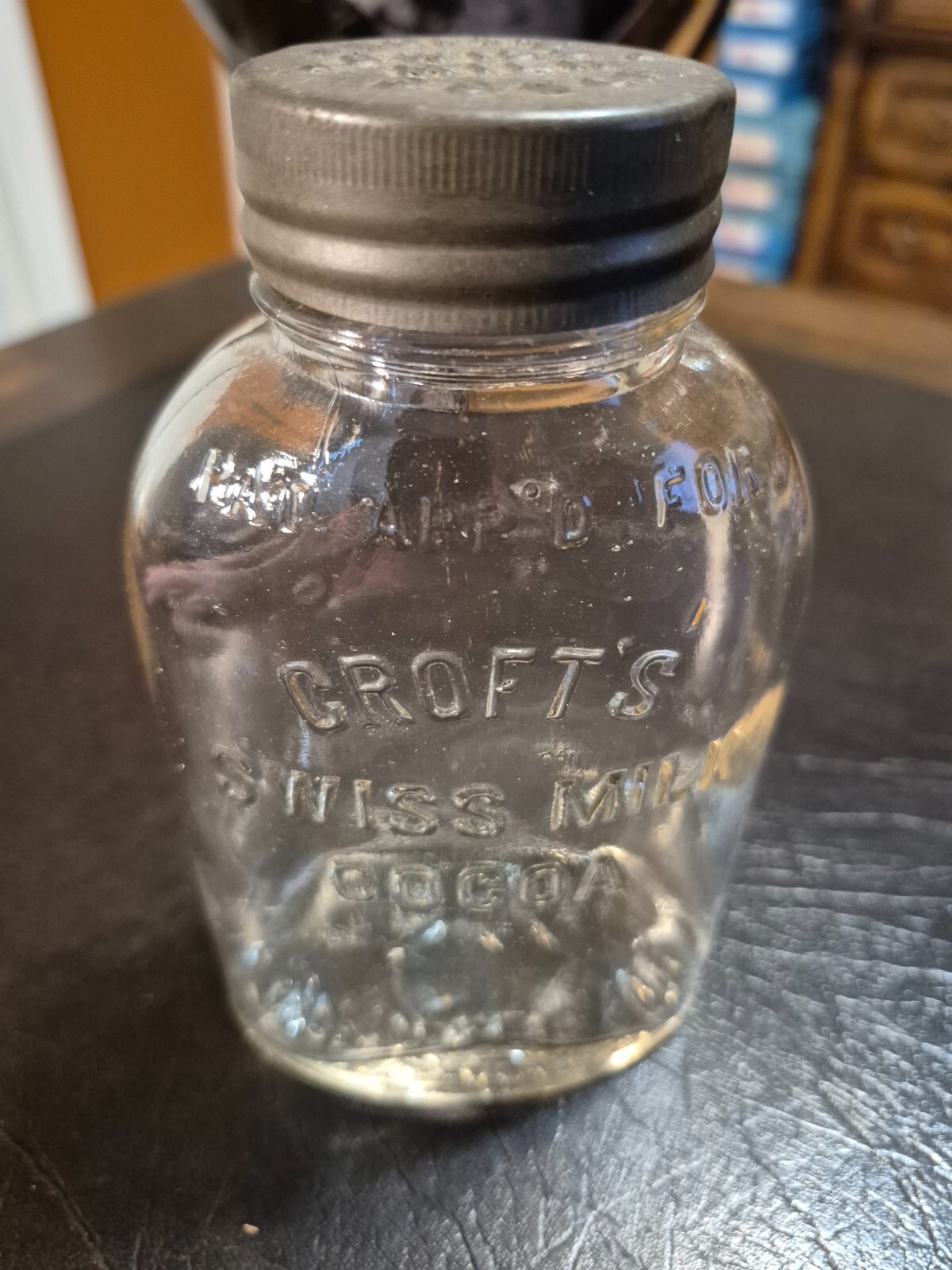 Antique Croft's Swiss Milk Cocoa Jar With Lid Philadelphia 6-1/4 X3-1/2 X2-1/4 Antique Croft's Swiss Milk Cocoa Jar With Lid Philadelphia 6-1/4 X3-1/2 X2-1/4