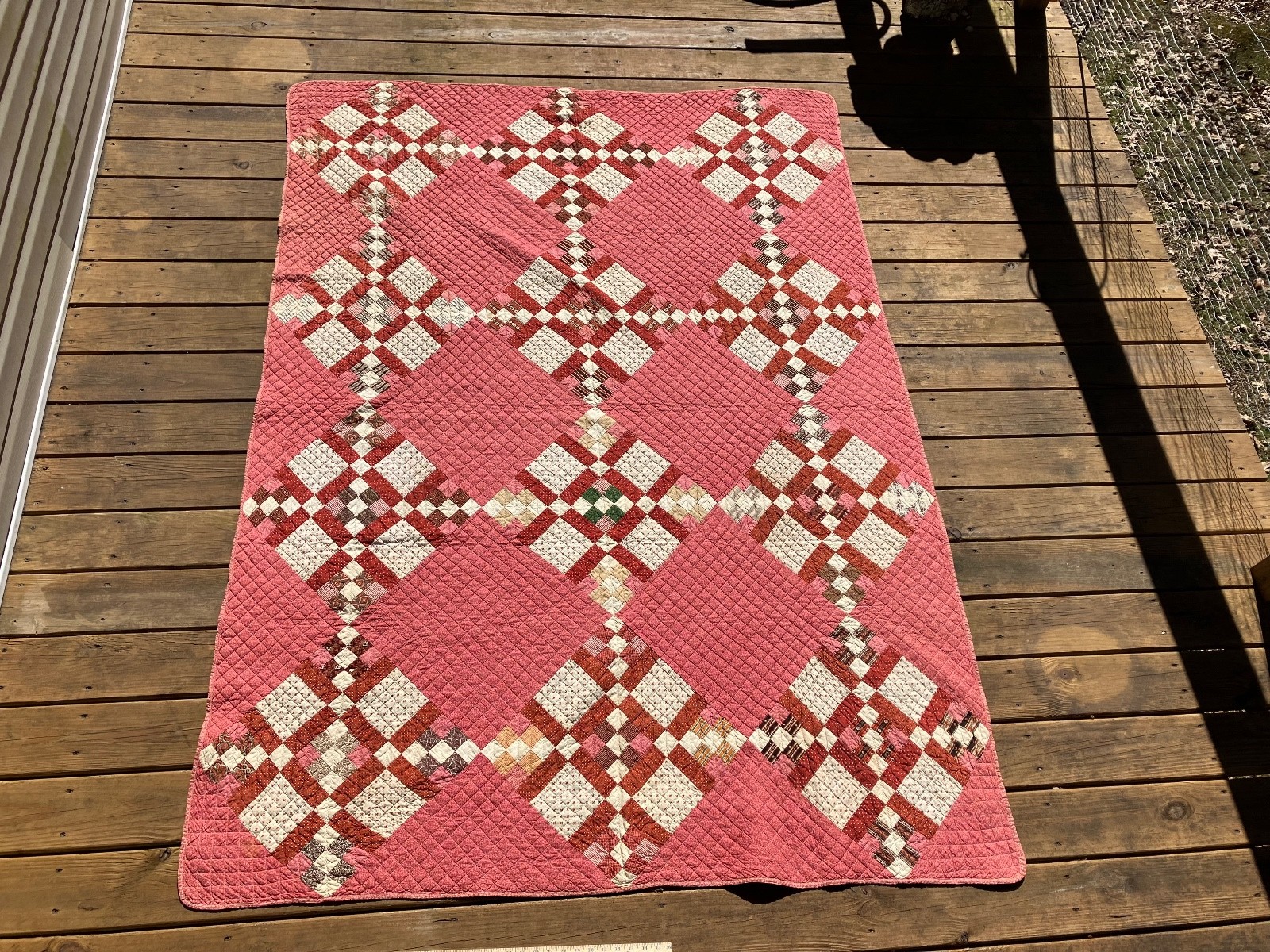 Unusual Antique 1890's era Irish Chain Variation Quilt Brown Raspberry Pink Unusual Antique 1890's era Irish Chain Variation Quilt Brown Raspberry Pink