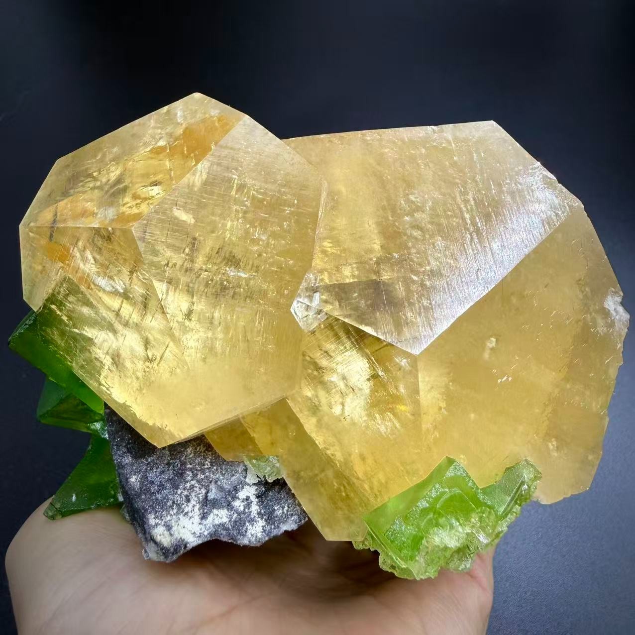 Golden Yellow Mercedes Calcite & Green cubic fluorite specimen/Xianghualing