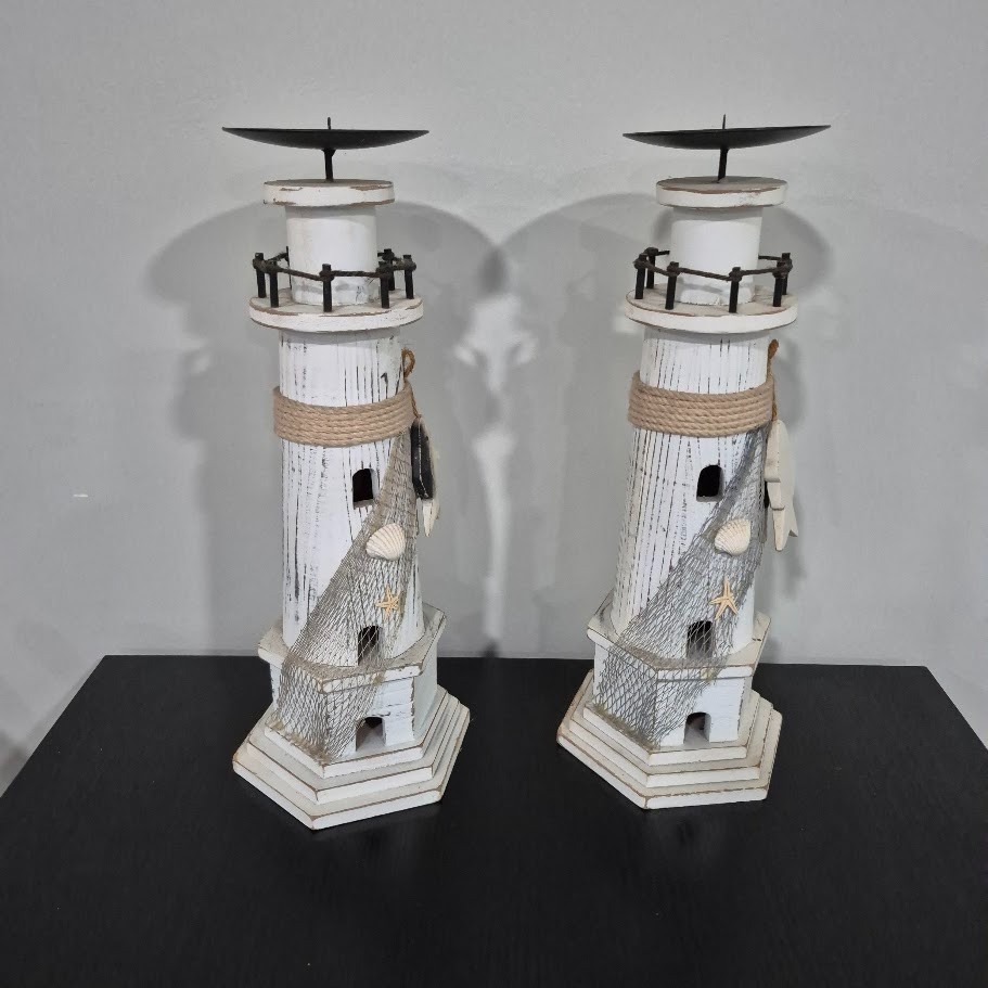 VTG Rustic Wooden Lighthouse Tealight Candle Holder Lantern Coastal Beachy Decor