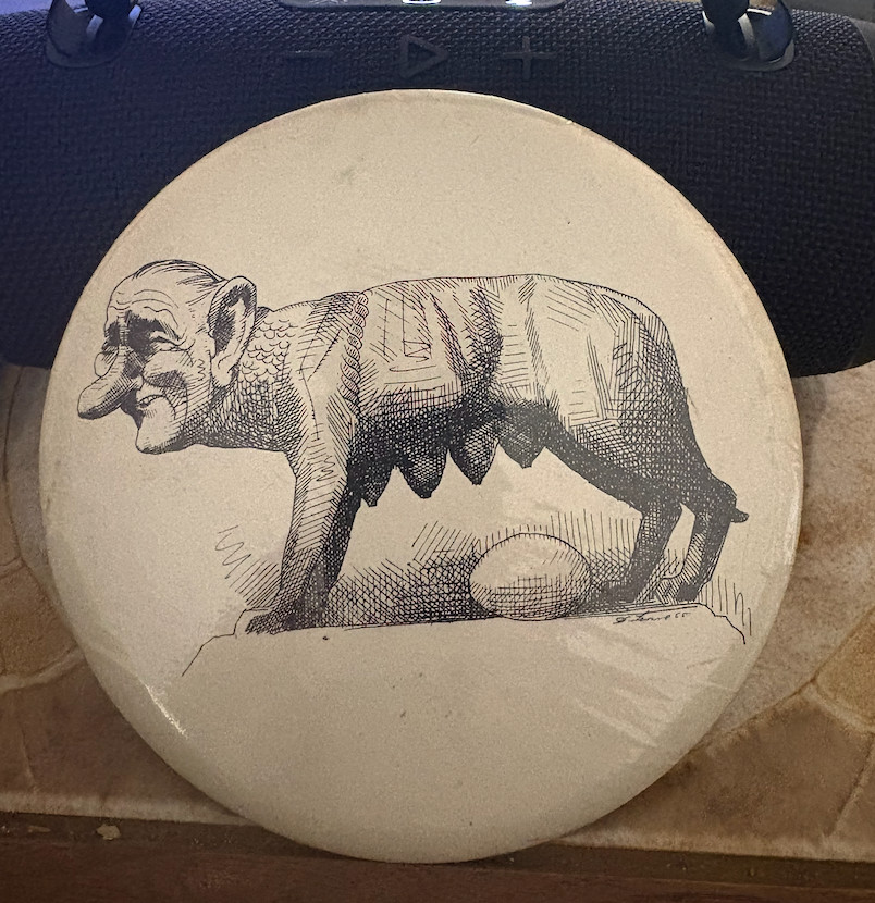 Vintage 1966 LBJ political satire button (She-Wolf) - caricaturist David Levine Vintage 1966 LBJ political satire button (She-Wolf) - caricaturist David Levine