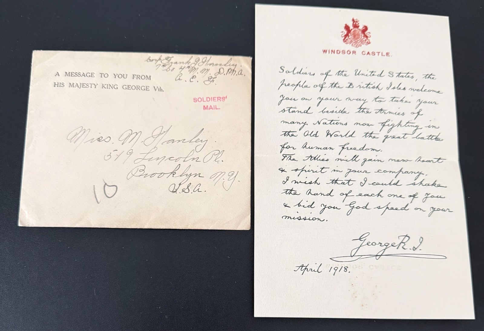 Original WWI 1918 King George V Windsor Letter & AEF Soldier Mail Envelope Original WWI 1918 King George V Windsor Letter & AEF Soldier Mail Envelope