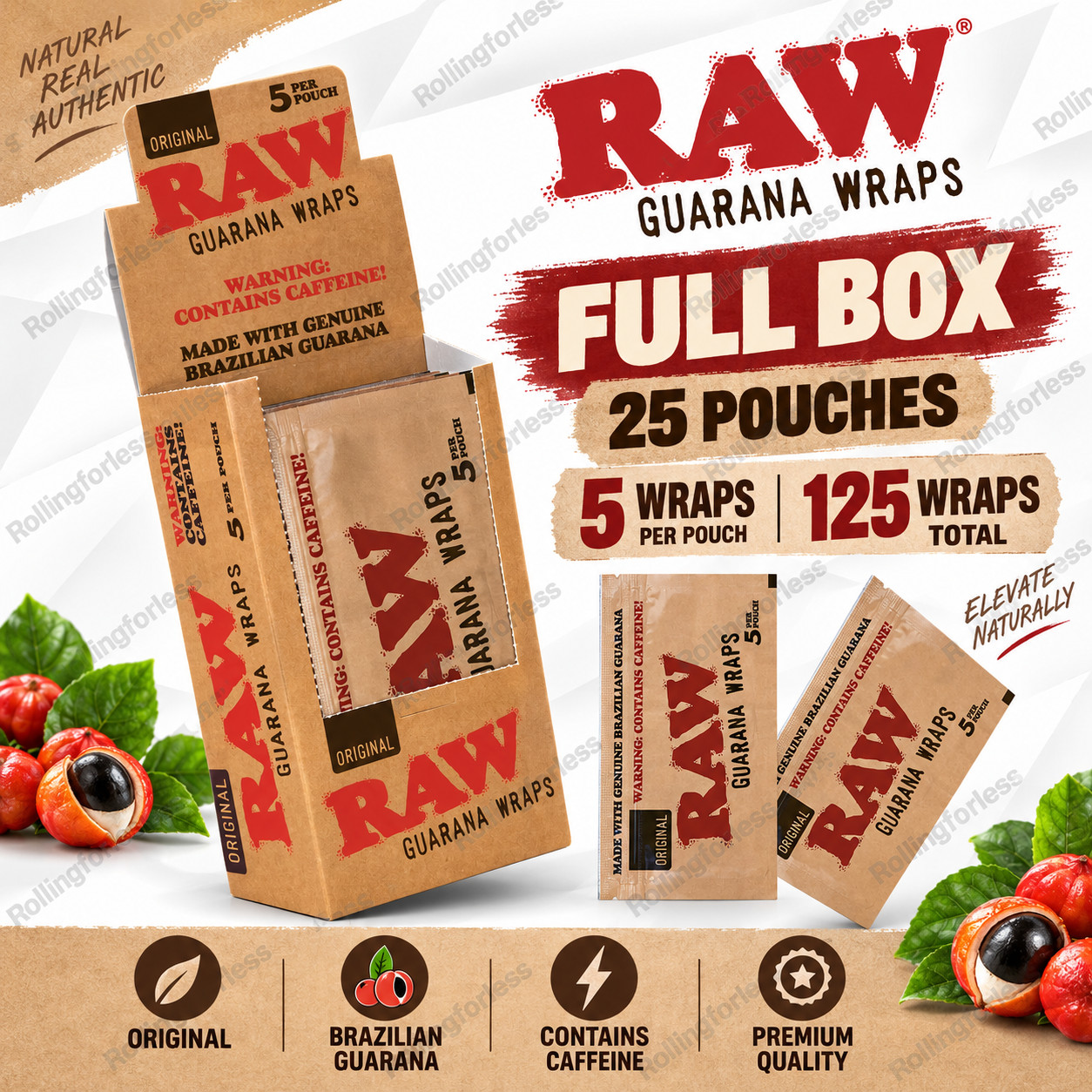 RAW Guarana Wraps Original Full Box 25 Pouches 125 Wraps Brazilian Guarana RAW Guarana Wraps Original Full Box 25 Pouches 125 Wraps Brazilian Guarana