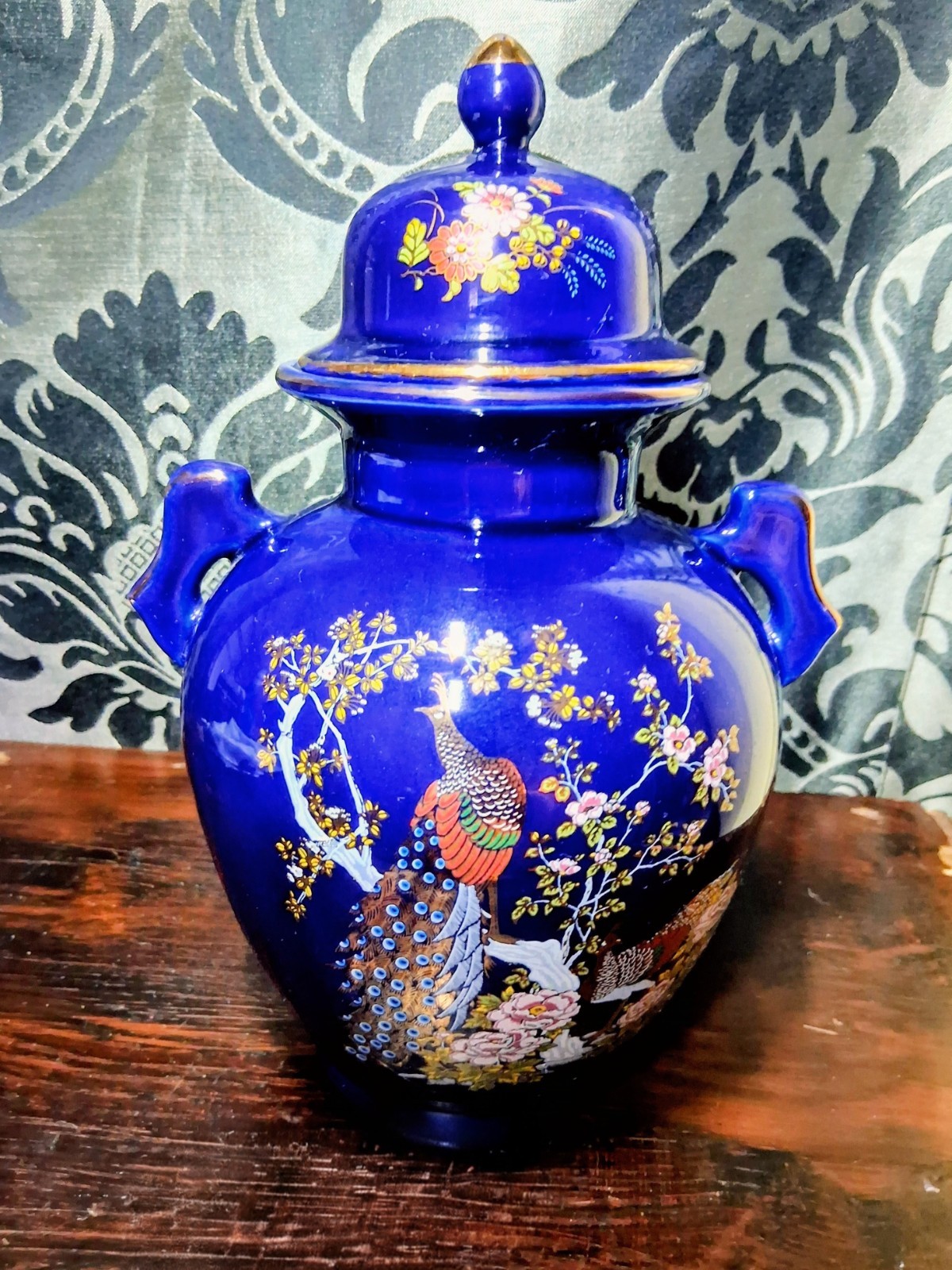 Vintage Cobalt Blue Porcelain Ginger Jar Lidded Urn Peacock Floral Gold Gilt Vintage Cobalt Blue Porcelain Ginger Jar Lidded Urn Peacock Floral Gold Gilt