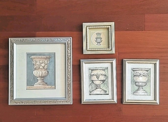 SET of 4 VTG 'SHABBY CHIC' Metallic Picture Frames w/ Grecian Urn Prints-NEW O.S SET of 4 VTG 'SHABBY CHIC' Metallic Picture Frames w/ Grecian Urn Prints-NEW O.S