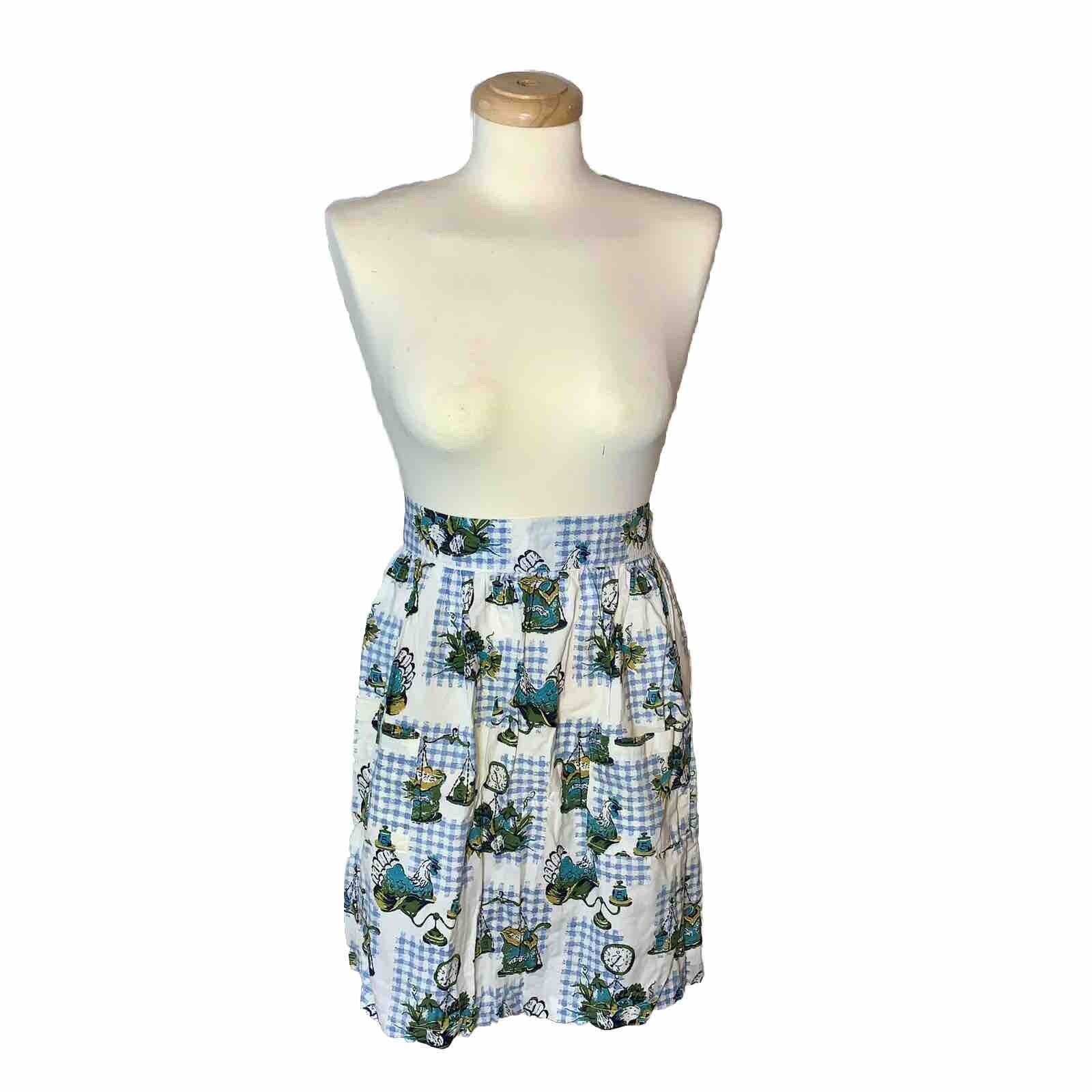 VTG 60s Handmade Half Apron w Pockets Chickens Scales Clock Print Cottagecore VTG 60s Handmade Half Apron w Pockets Chickens Scales Clock Print Cottagecore