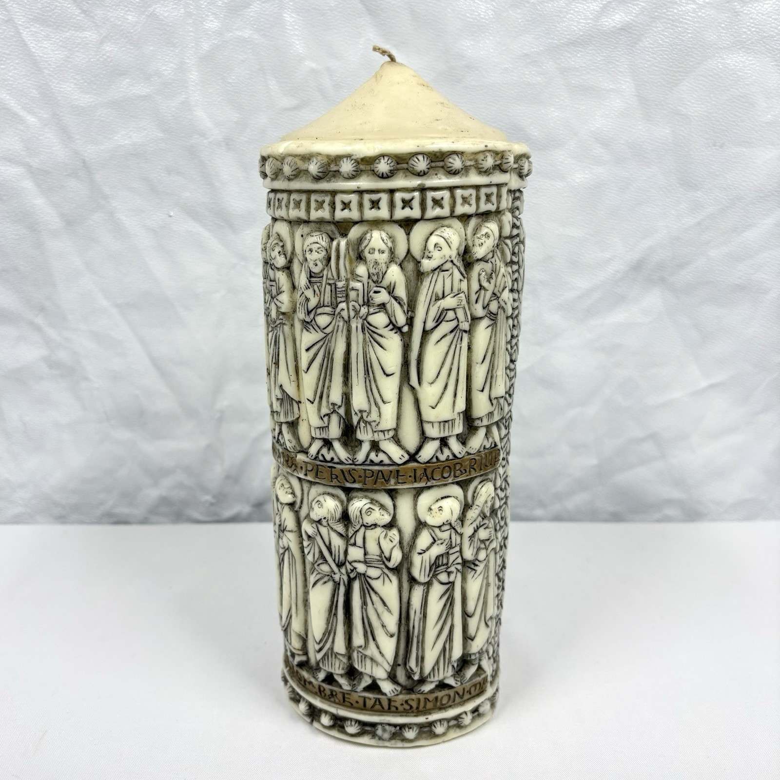Vintage Hallmark Candle Medieval Religious Ivory Carving 11” Pillar Mid-century Vintage Hallmark Candle Medieval Religious Ivory Carving 11” Pillar Mid-century