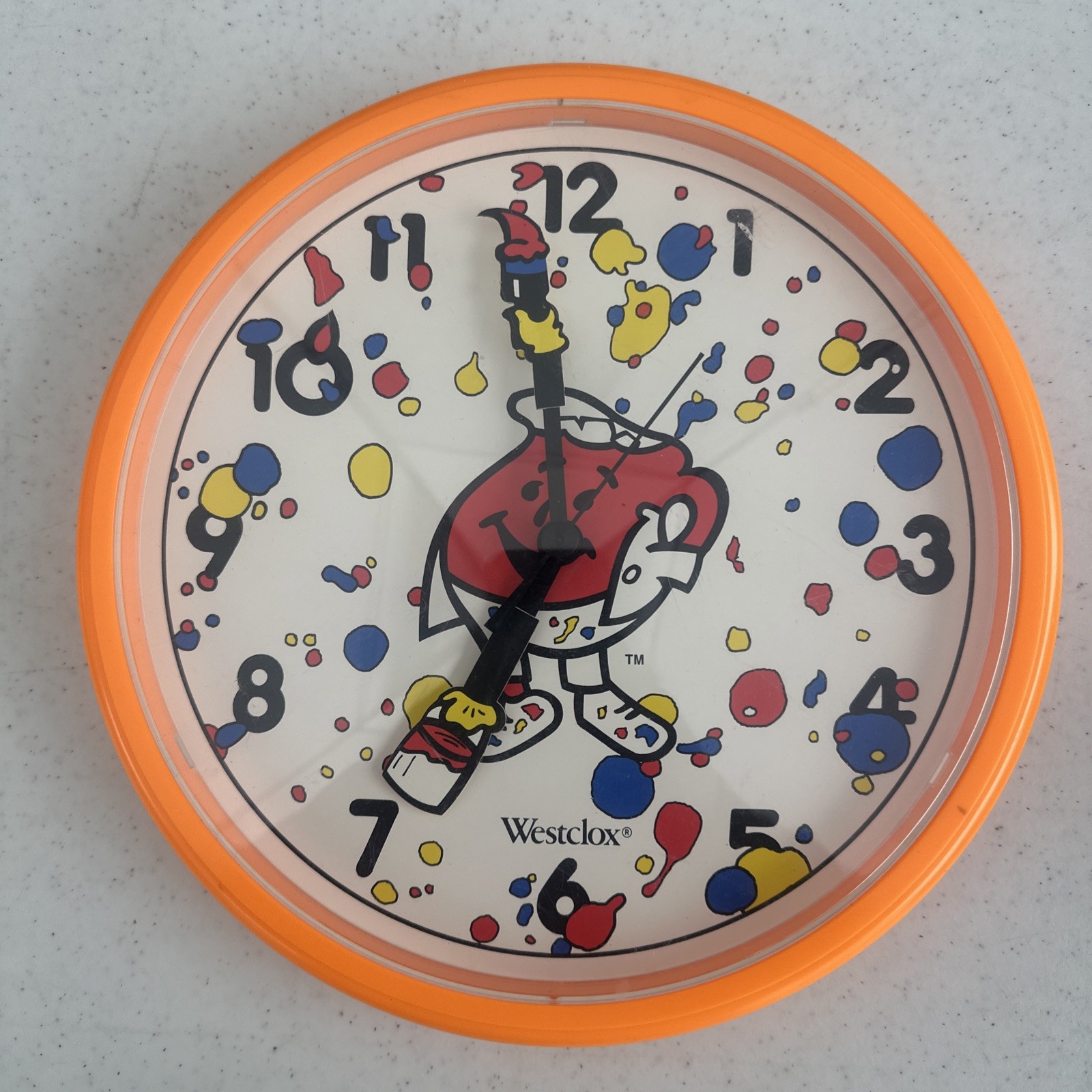 Vintage 1990s Westclox Kool-Aid Man Wall Clock Orange Retro Advertising WORKING Vintage 1990s Westclox Kool-Aid Man Wall Clock Orange Retro Advertising WORKING