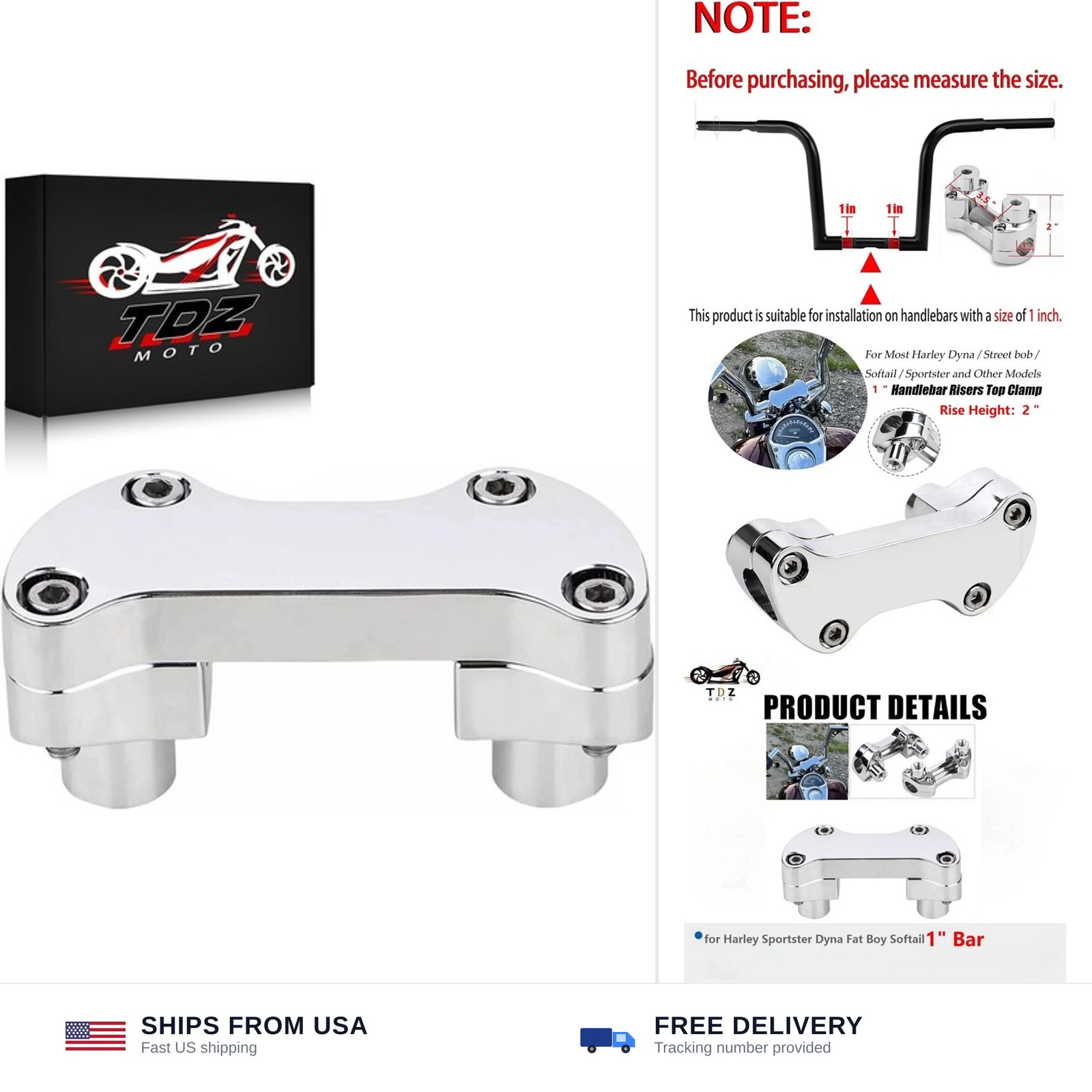1" Handlebar Riser Top Clamp Kit 2" Tall Chrome for Harley Touring Softail