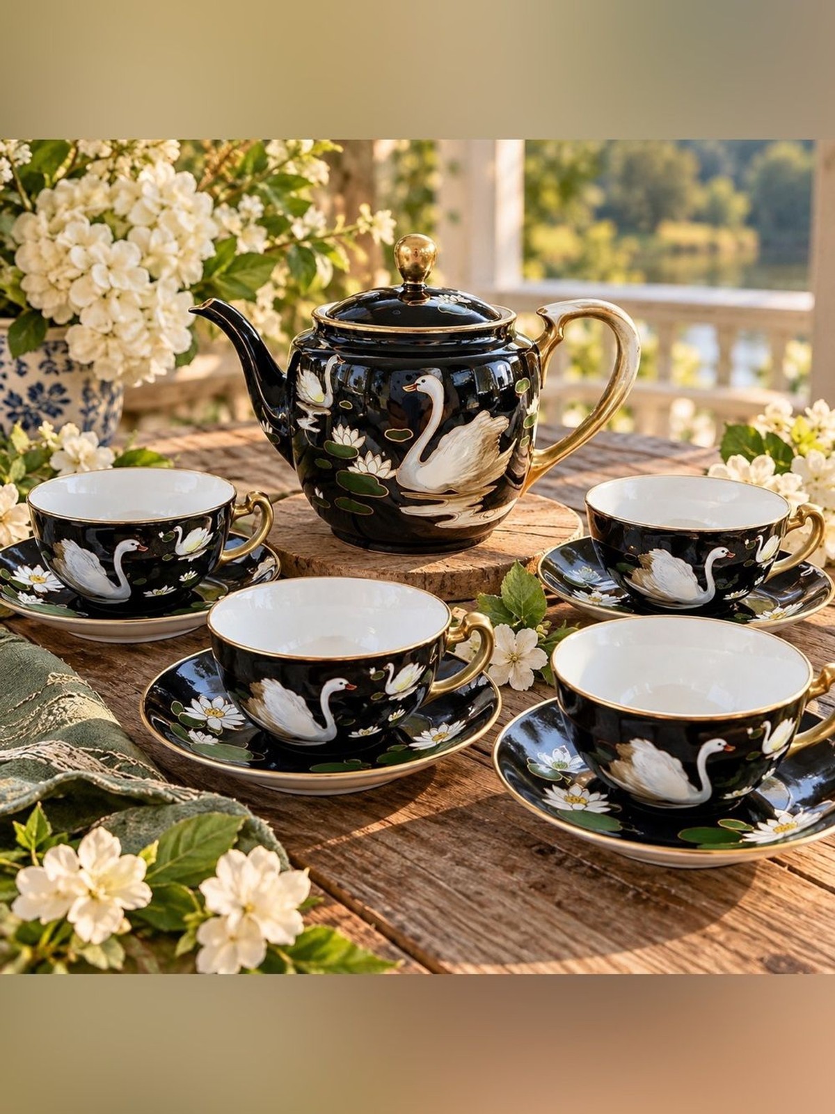 Antique 1911-21 Nippon Morimura Swan Tea Set 9pc Black Gold Hand Painted Antique 1911-21 Nippon Morimura Swan Tea Set 9pc Black Gold Hand Painted