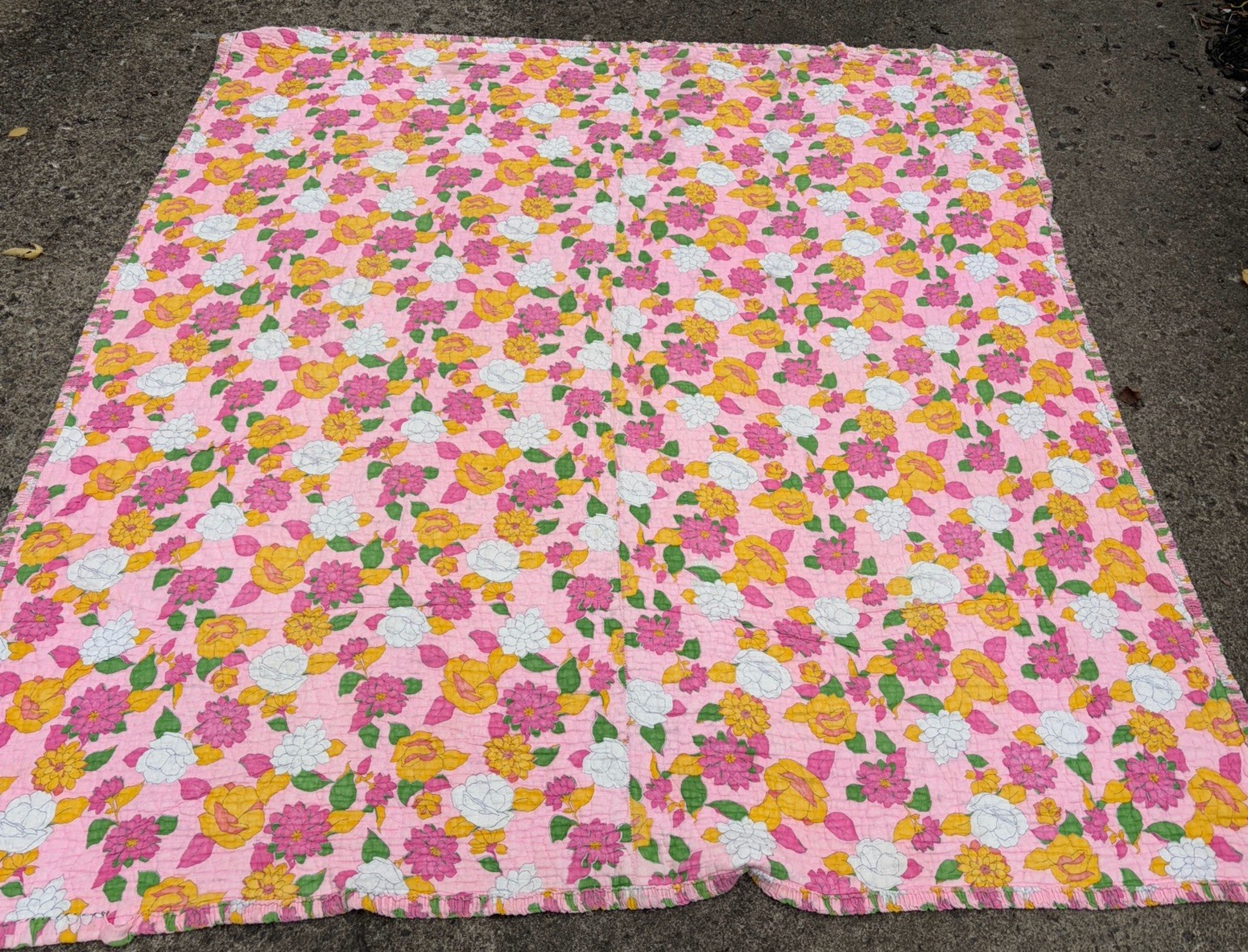 VTG Bright 60’s-70’s Flower Power Quilt Orange Pink Yellow White 70” Square VTG Bright 60’s-70’s Flower Power Quilt Orange Pink Yellow White 70” Square