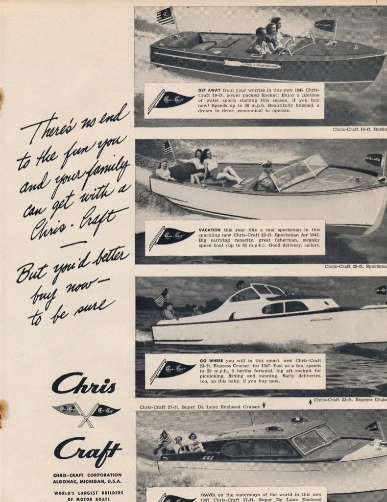 Magazine Ad - 1947 - Chris Craft Boats - Algonac, MI - 4 models shown -(#3) Magazine Ad - 1947 - Chris Craft Boats - Algonac, MI - 4 models shown -(#3)