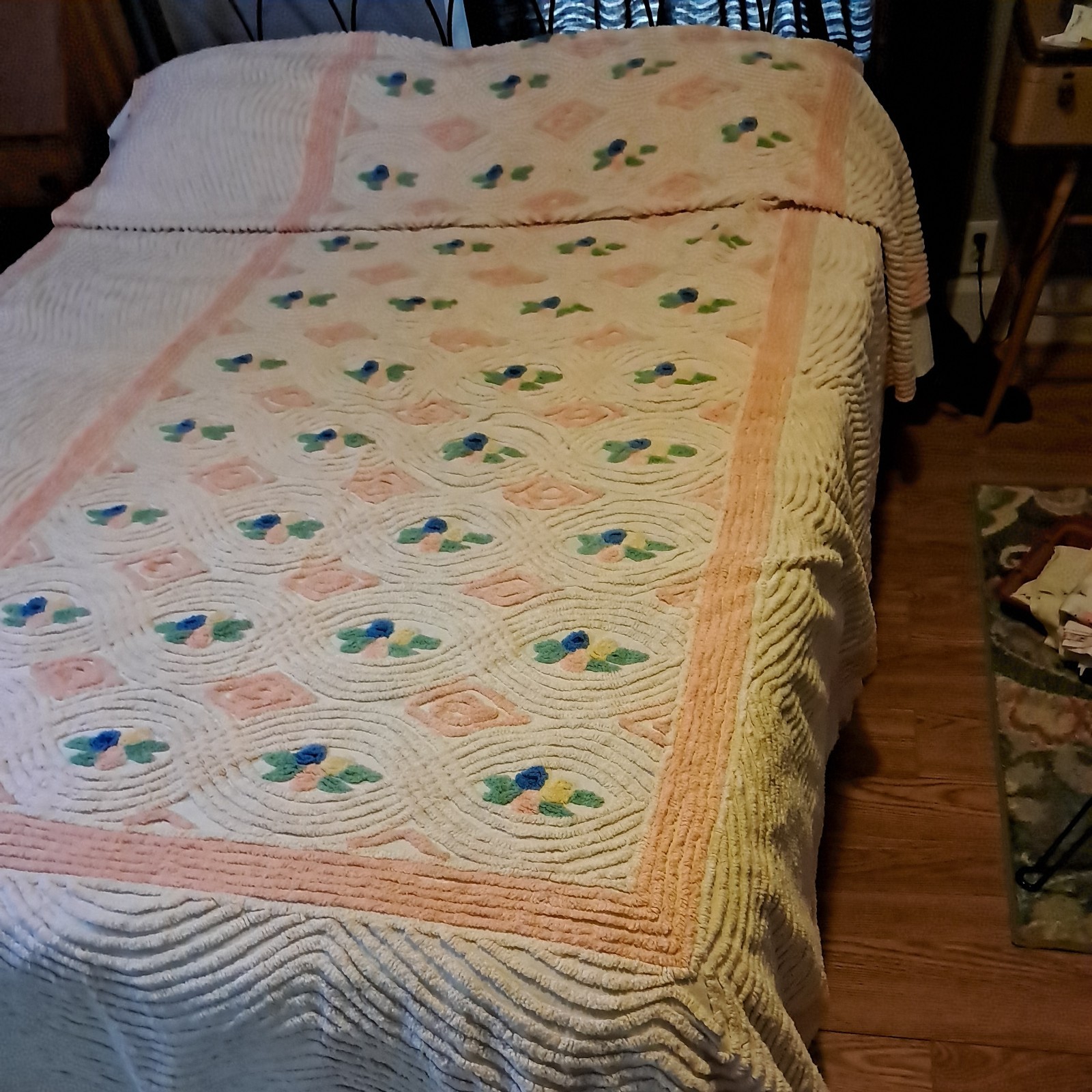 VTG MCM 60s Chenille Bedspread Blue, Ylw, Green Framed by Peach Tufted Border VTG MCM 60s Chenille Bedspread Blue, Ylw, Green Framed by Peach Tufted Border