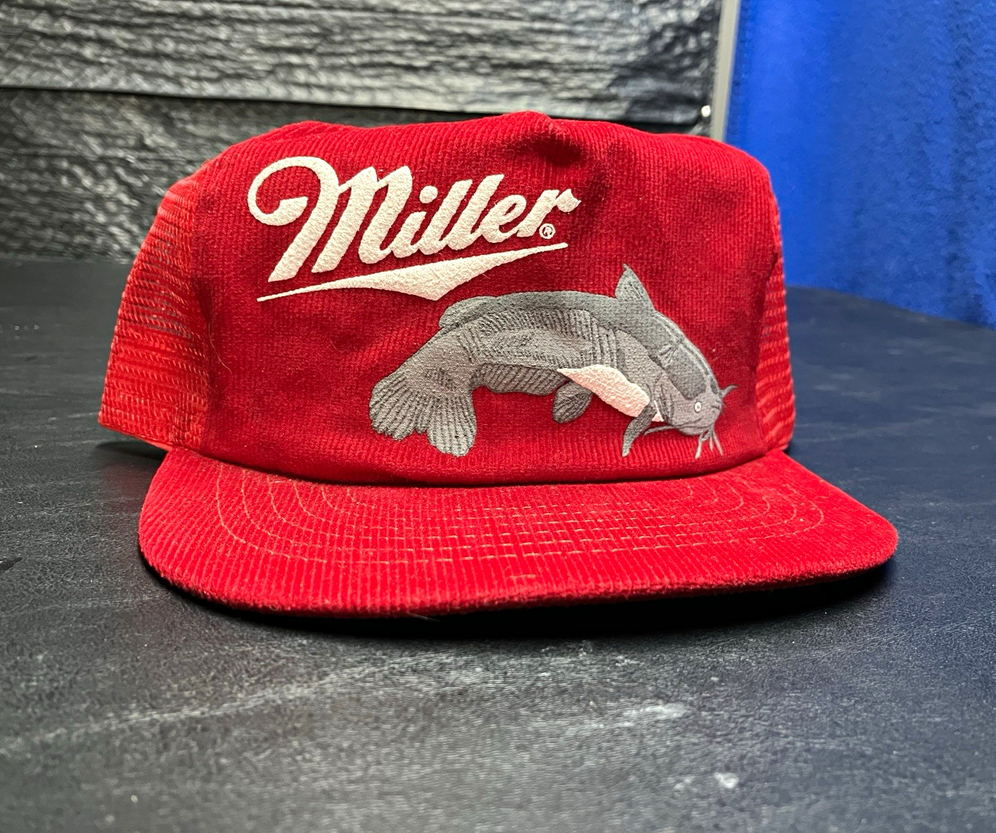 Vintage Deadstock Miller Corduroy Snapback Trucker Hat Cap with Catfish Patch Vintage Deadstock Miller Corduroy Snapback Trucker Hat Cap with Catfish Patch