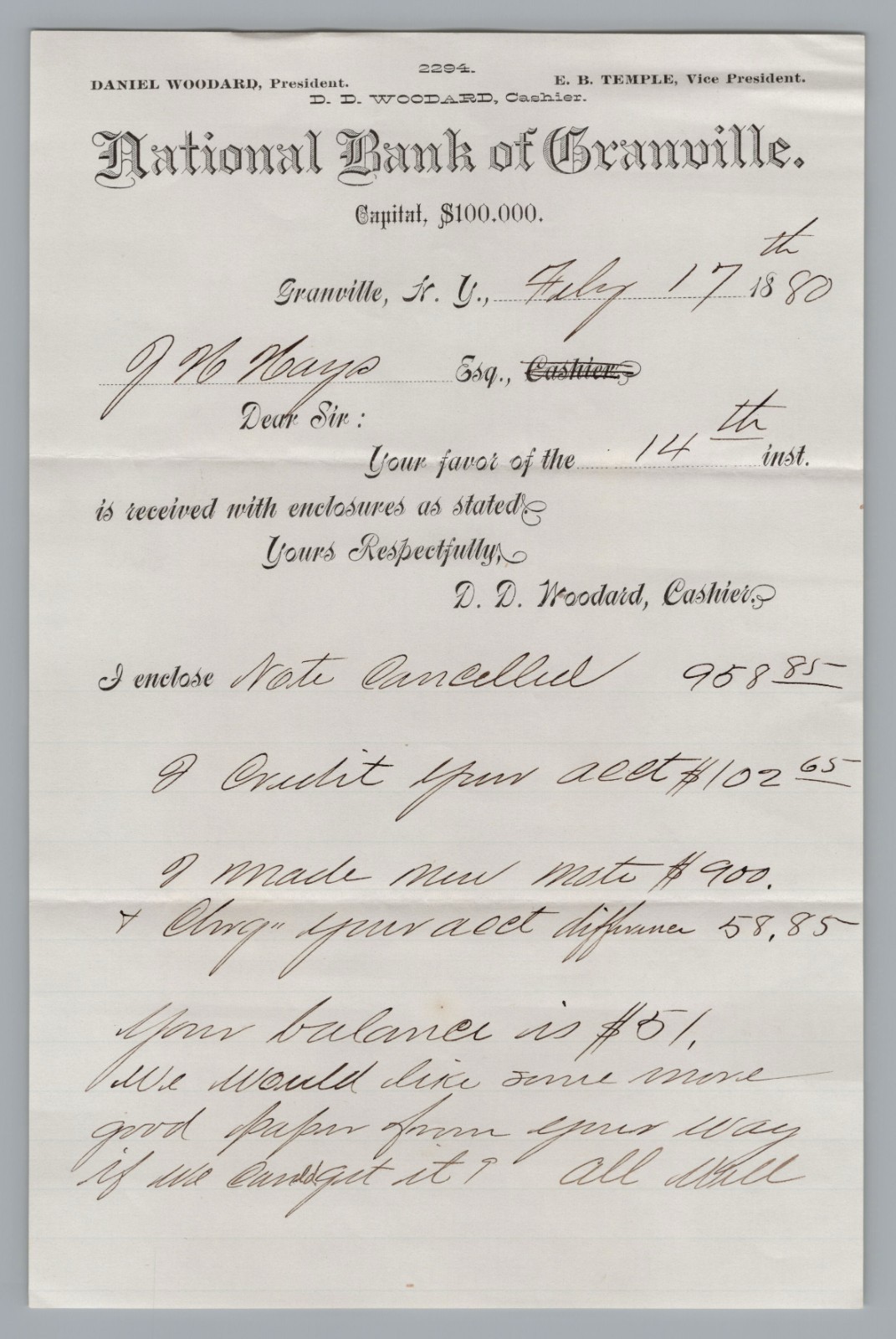 1881 National Bank of Granville NY Letterhead Charter 2294 Woodard Signed Scrip 1881 National Bank of Granville NY Letterhead Charter 2294 Woodard Signed Scrip