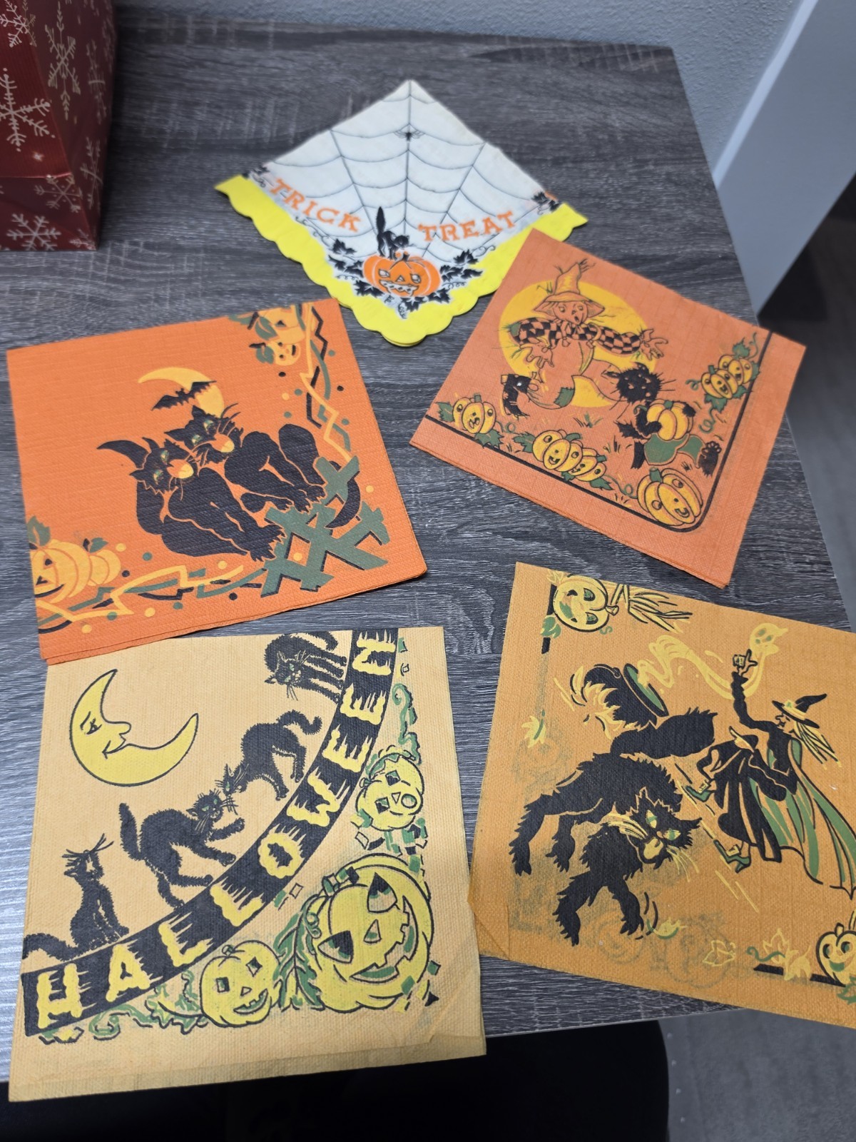 5 Vintage Halloween Crepe Paper Napkin Table Decorations, 5 Designs, 1940s-50s
