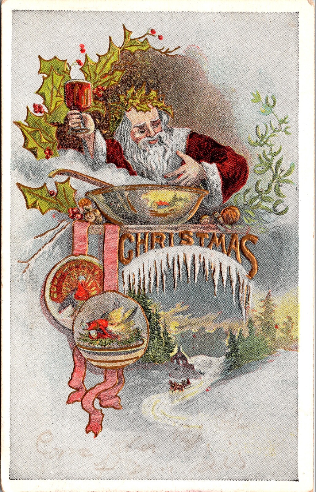 Vintage 1910's Santa Claus Drinking Wine & Getting Drunk Christmas Postcard RARE