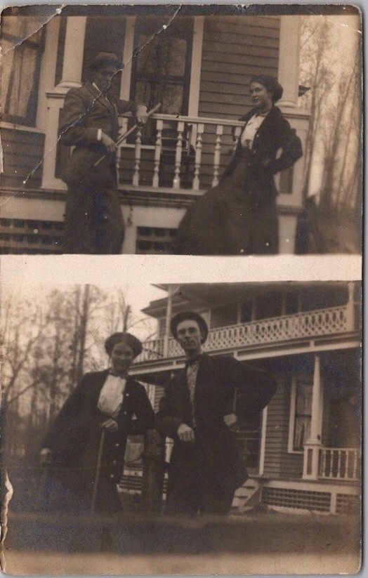 c1910s Real Photo RPPC Postcard Couple Posing in Front of House / Two Views c1910s Real Photo RPPC Postcard Couple Posing in Front of House / Two Views