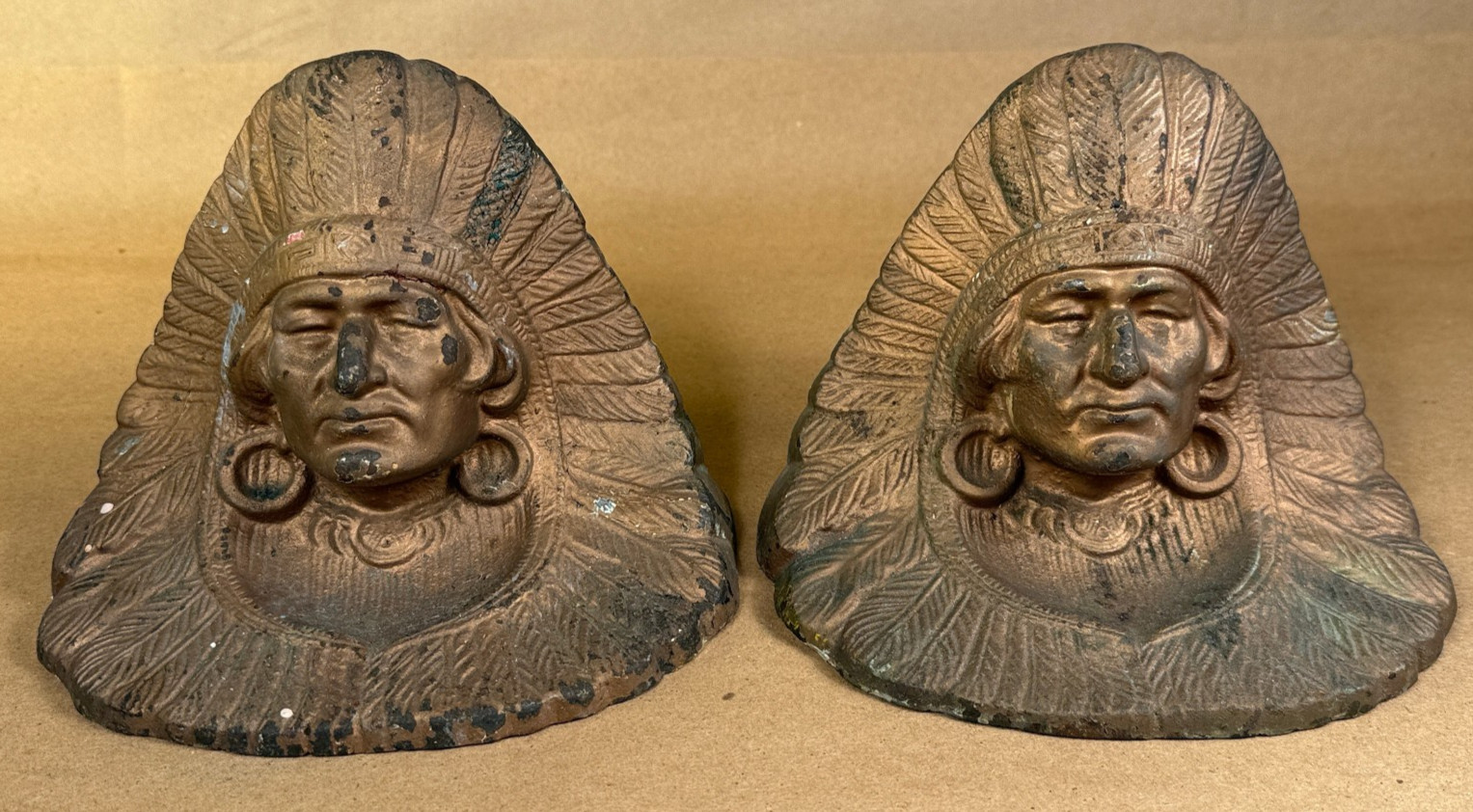 Vintage 1920's Judd Cast Iron Bronze Patina Pair Native American Chief Book Ends Vintage 1920's Judd Cast Iron Bronze Patina Pair Native American Chief Book Ends