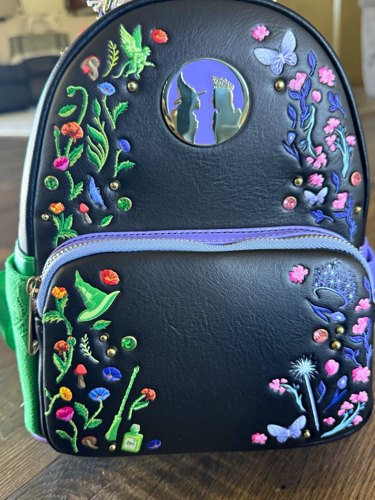 Loungefly Wicked Embroidered Floral Black Purple Green Mini Backpack Loungefly Wicked Embroidered Floral Black Purple Green Mini Backpack