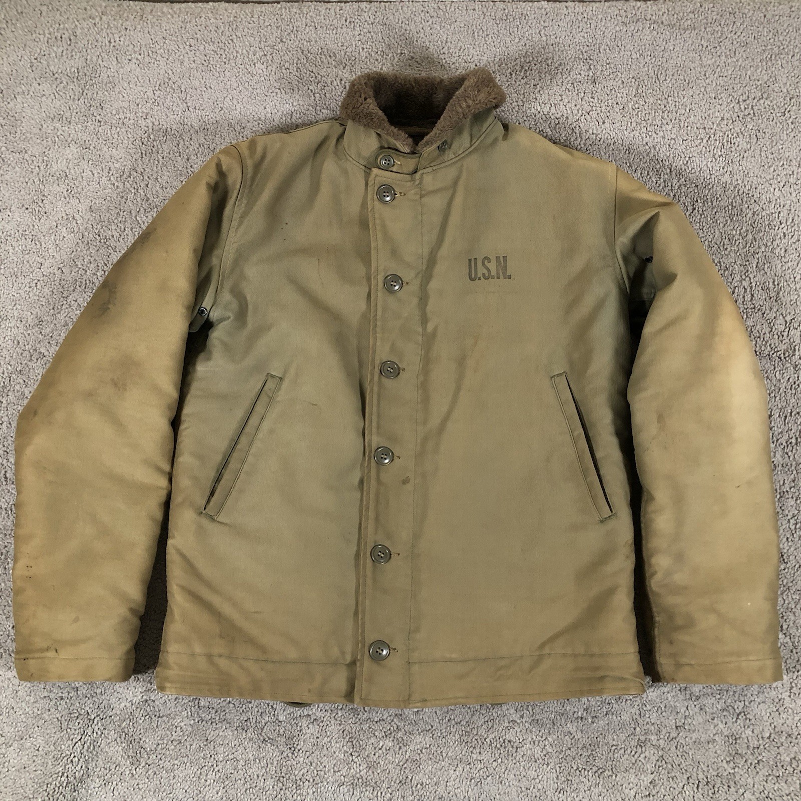 40s WWII US Navy N1 Deck Jacket Alpaca Lined Jungle Cloth USN Stencil Size 38 40s WWII US Navy N1 Deck Jacket Alpaca Lined Jungle Cloth USN Stencil Size 38