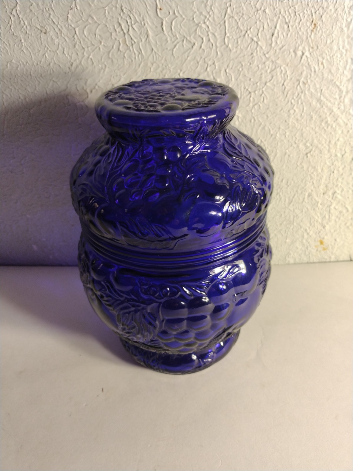 Vintage Cobalt Blue Glass Embossed Grapes And Apples Lidded Jar Candy Dish Vintage Cobalt Blue Glass Embossed Grapes And Apples Lidded Jar Candy Dish