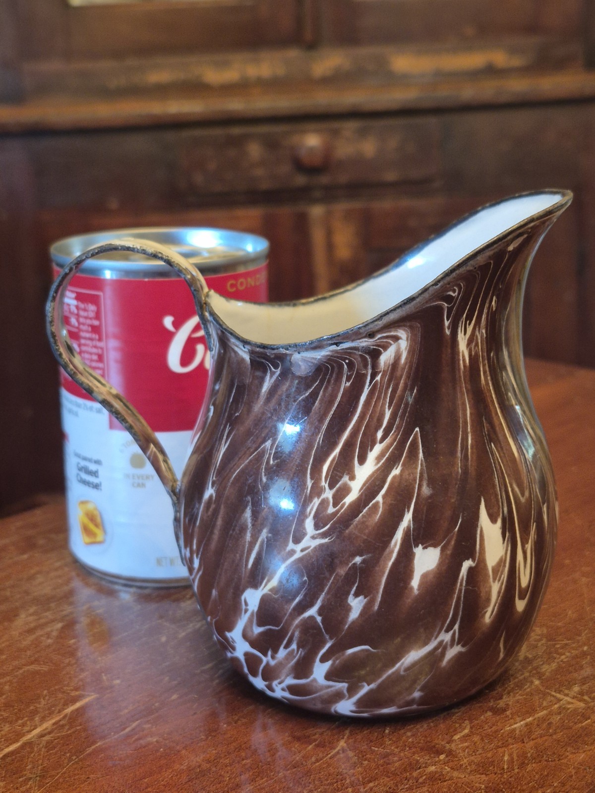 Super Rare Antique BROWN & WHITE Swirl Graniteware SMALL CREAMER Super Rare Antique BROWN & WHITE Swirl Graniteware SMALL CREAMER
