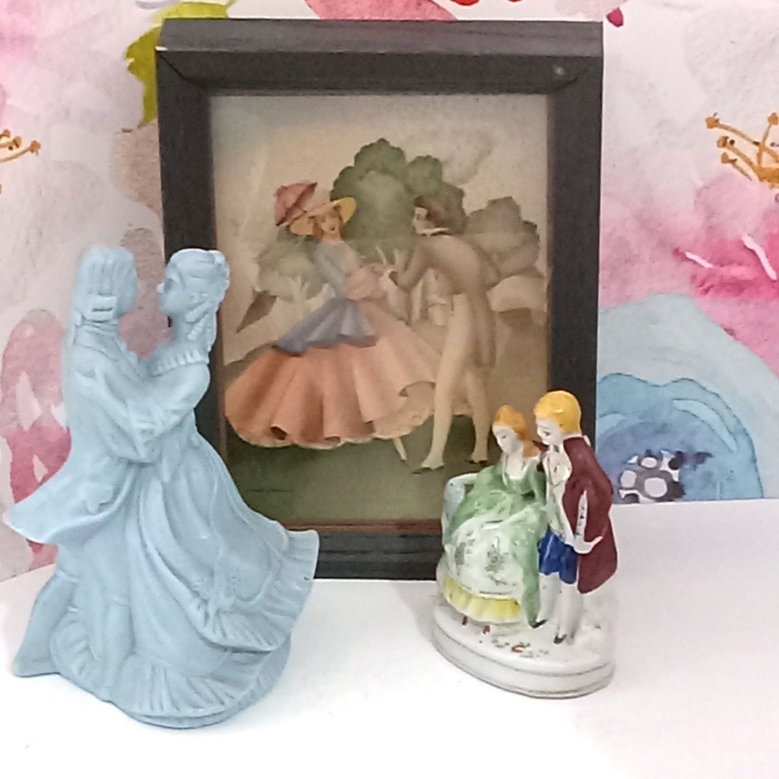 Victorian Courting COUPLES Decor LOT Vintage Figurine Candle Sandre Print Framed Victorian Courting COUPLES Decor LOT Vintage Figurine Candle Sandre Print Framed