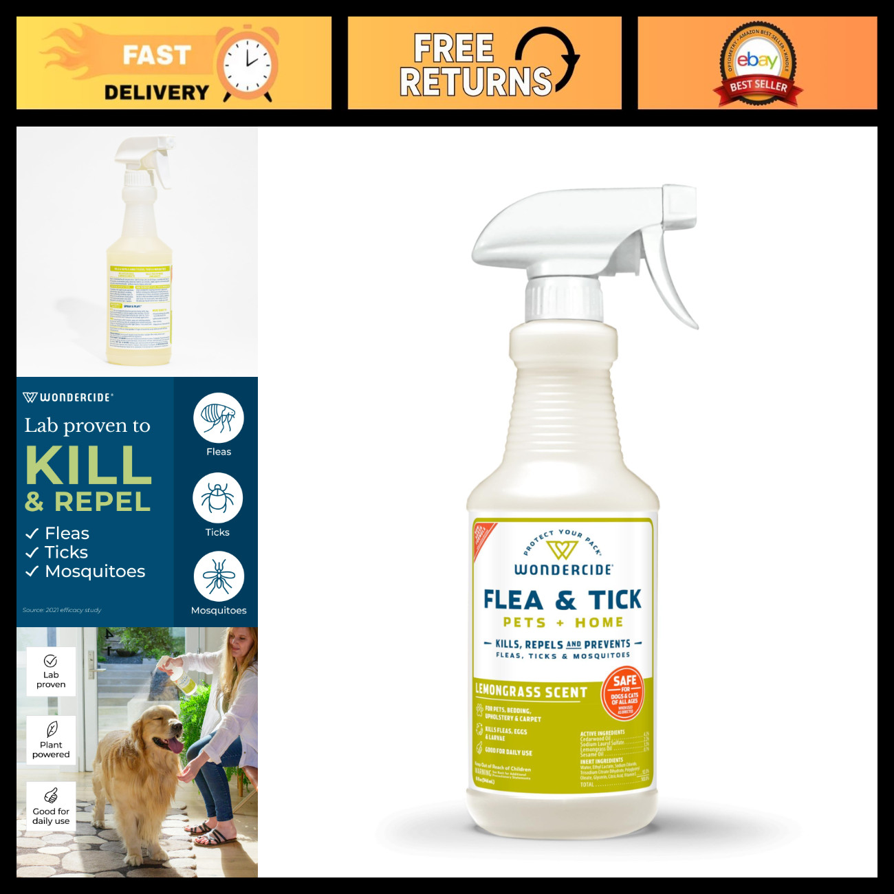 Natural Flea, Tick & Mosquito Spray for Pets & Home - Essential Oils, 16 oz