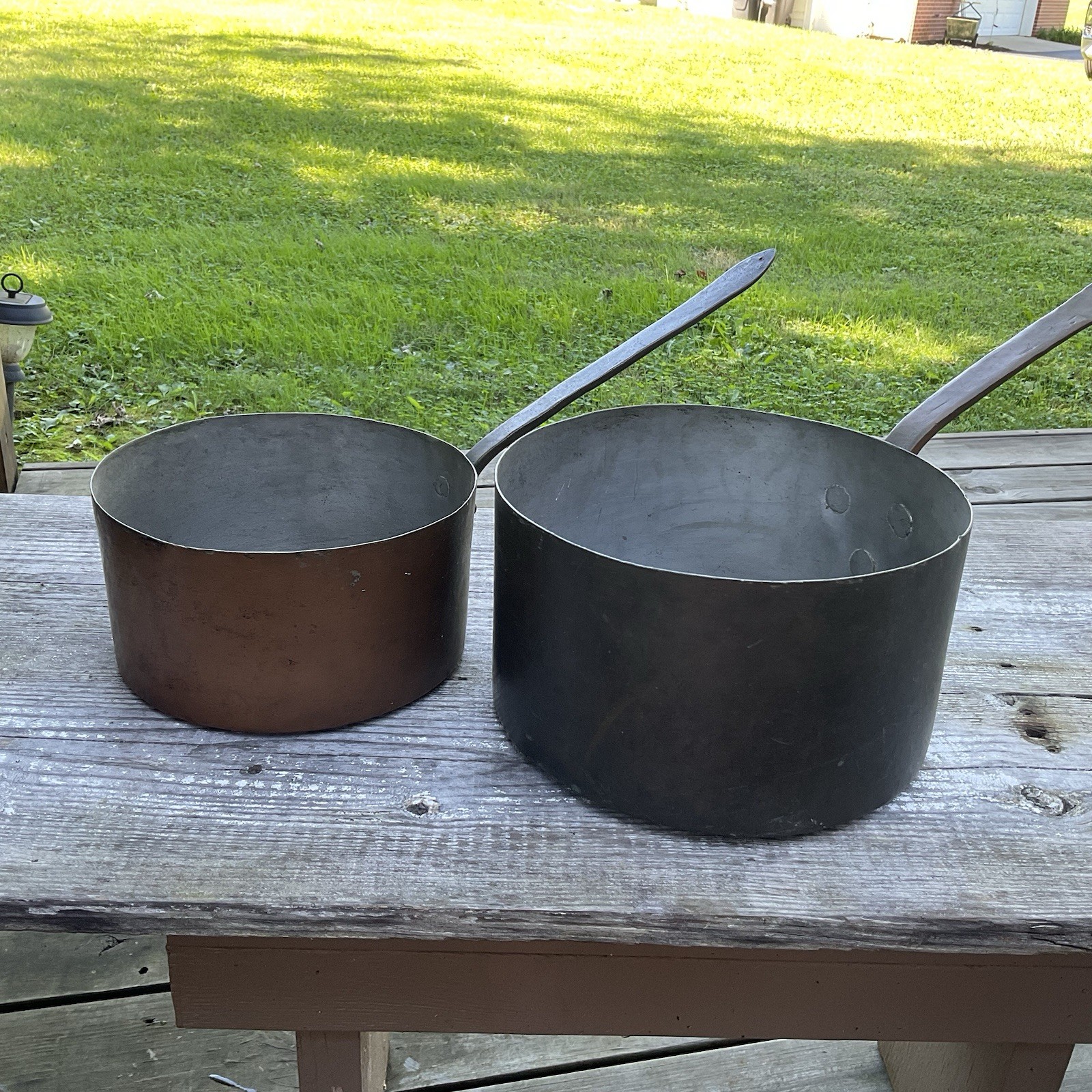 Set Of 2 Copper Pot 8" & 9.5” Riveted Handle Antique Dovetail Hand Forged Copper Set Of 2 Copper Pot 8" & 9.5” Riveted Handle Antique Dovetail Hand Forged Copper