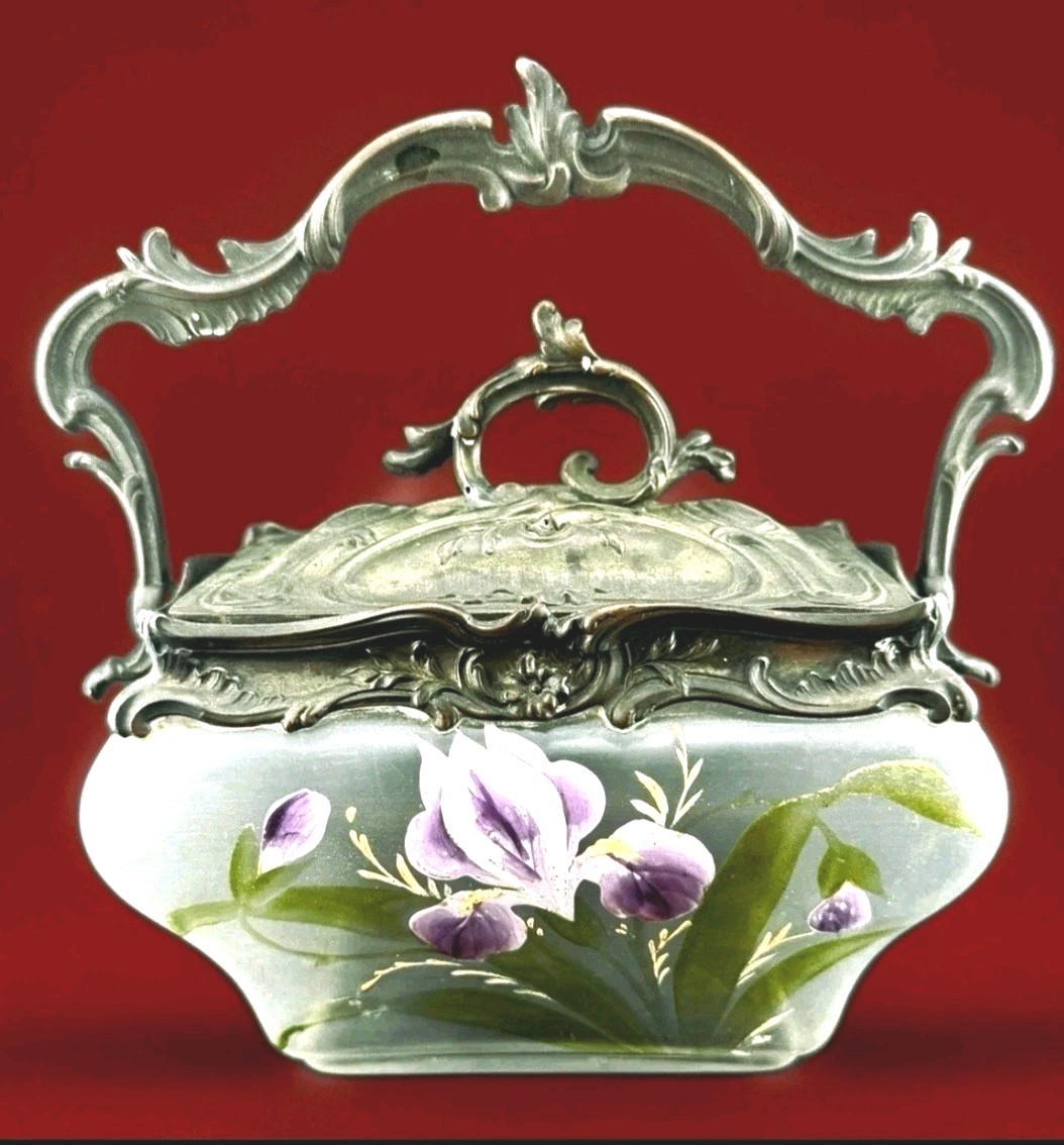 Antique Legras French Art Nouveau Enameled Frosted Glass Biscuit Jar Iris 1900 Antique Legras French Art Nouveau Enameled Frosted Glass Biscuit Jar Iris 1900