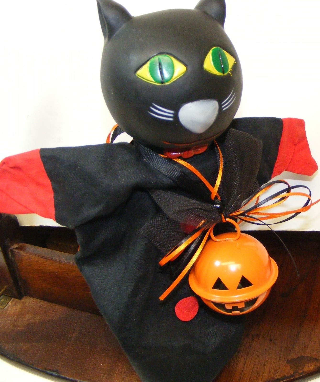 Vtg Black Kitty Cat Hand PUPPET Japan Toy w Metal Jack-o'-Lantern Pumpkin Bell