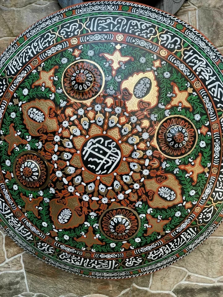 ORNATE WARRIOR SHIELD ARABIC INSCRIPTION FLOWER MOTIFS ISLAMIC SHIELD