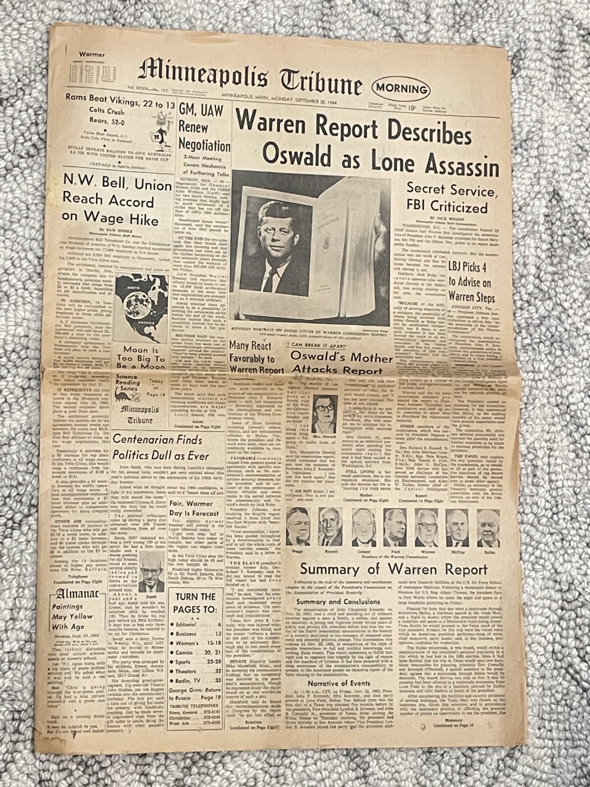 Vintage September 28 1964 Minneapolis Tribune Newspaper Section (7 Pages) JFK Wa Vintage September 28 1964 Minneapolis Tribune Newspaper Section (7 Pages) JFK Wa